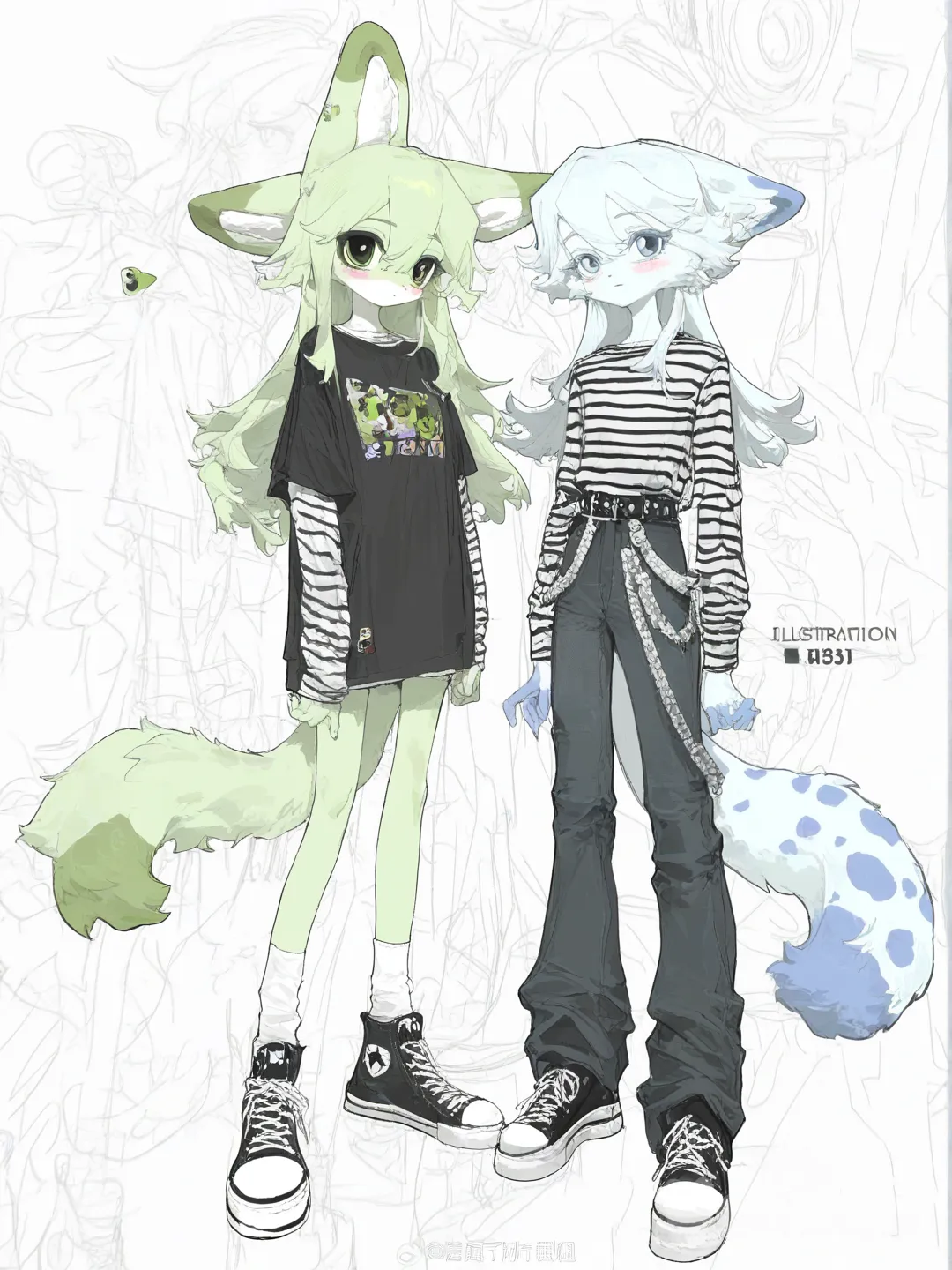 cute furry drawing light blue fur and blue spots and other furry with light green fur and green spots in scenekid outfits, [desaturated-illustration-style]