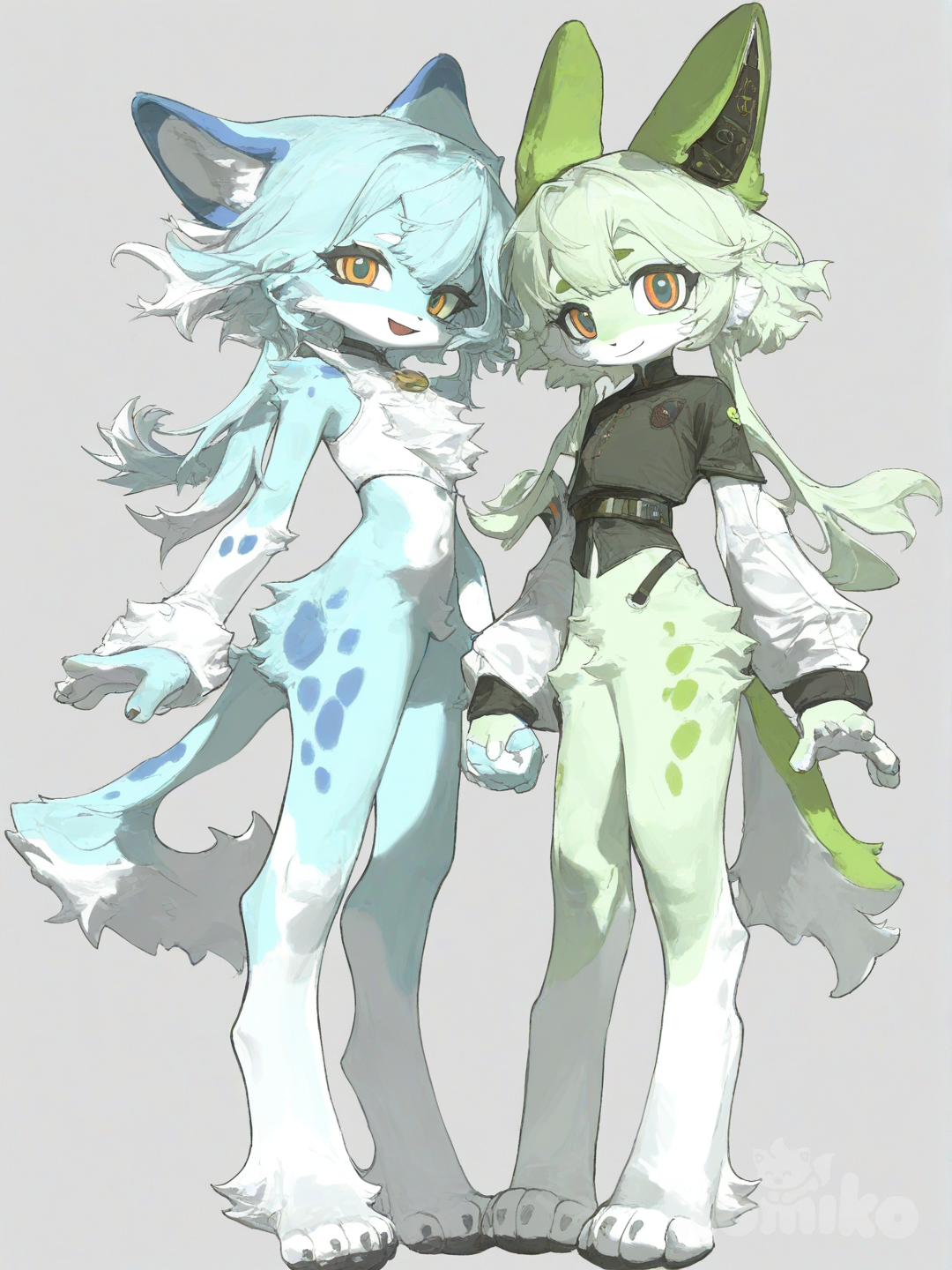 cute furry drawing light blue fur and blue spots and other furry with light green fur and green spots , [desaturated-illustration-style]