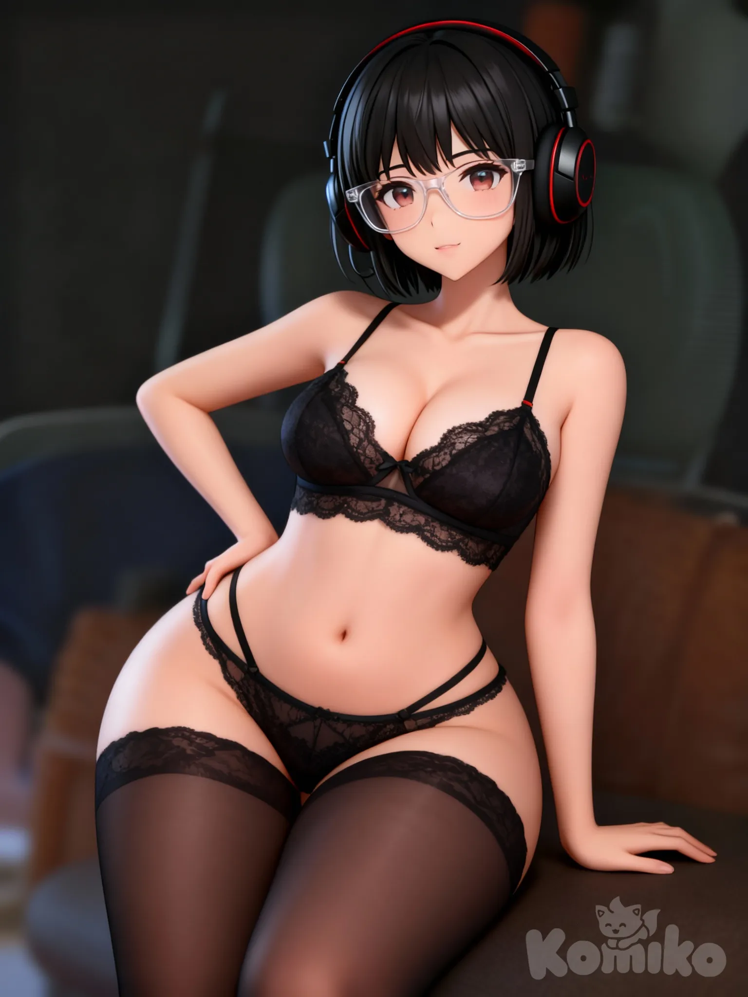 ropa interior, pose sexy, pantimedias, pelo corto, muslos grandes, delgada, pecho pequeño, rostro realista