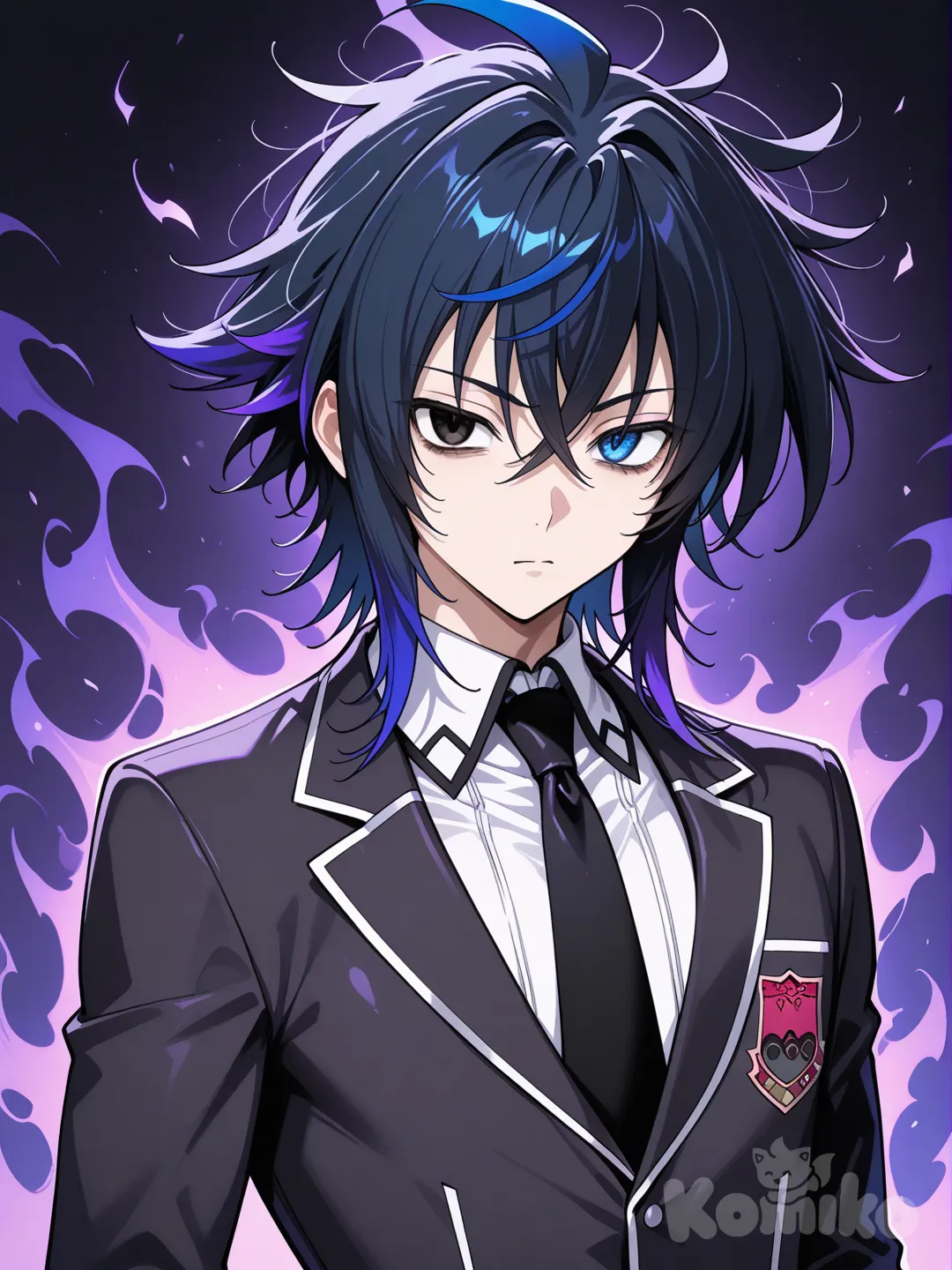 high school dxd, upper body
Cabello: Negro puro con mechones azul oscuro ligeramente desordenado y con puntas afiladas.
Ojos: Uno azul intenso (demonio) y uno negro con un iris púrpura brillante (espíritu oscuro).
Ropa:
Uniforme de Kuoh, 1boy