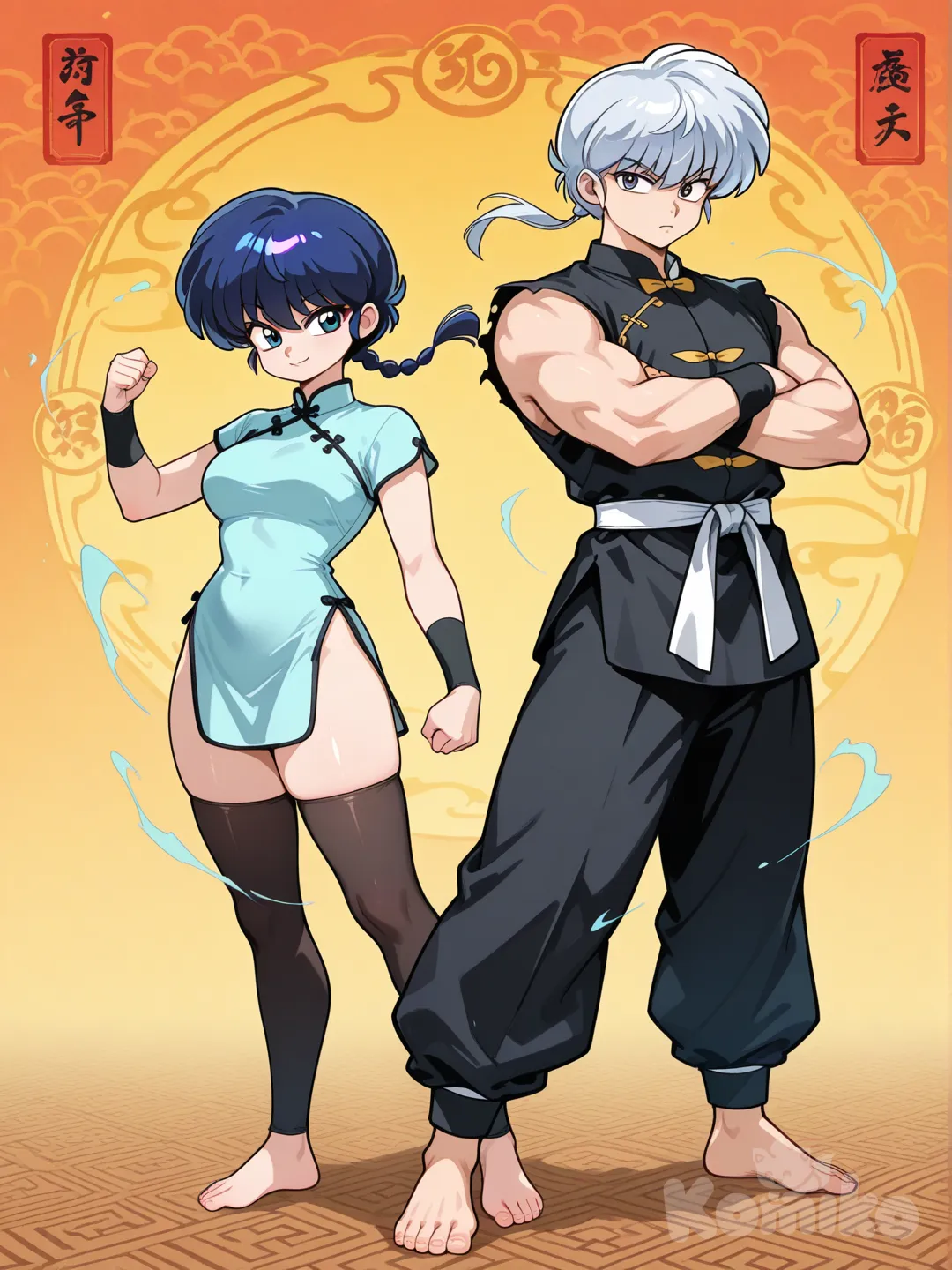 Imagen estilo ranma 1/2, 1 boy, Cabello azul oscuro, corto y despeinado
Ojos grises
Complexión atlética, algo más alta que Ranma
Usa un gi tradicional negro con detalles celestes

1 girl, Cabello plateado largo, atado en coleta baja
Ojos azul claro
Apariencia elegante pero peligrosa
Usa qipao corto modificado para combate.