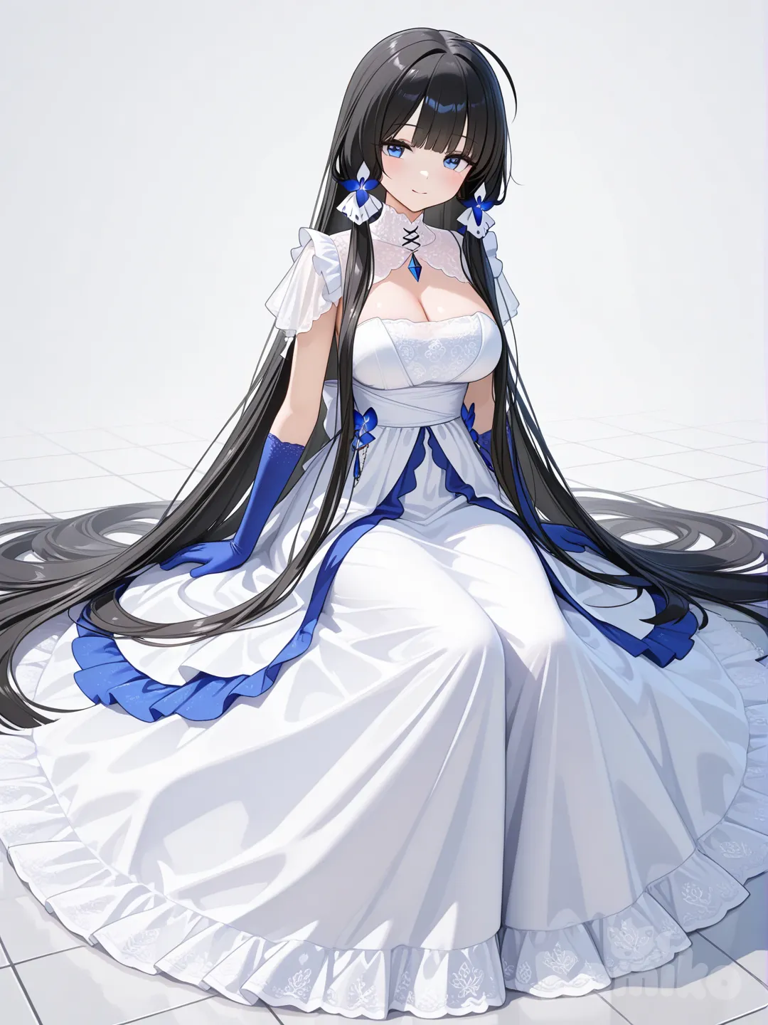 Illustrious Azur Lane girl with very, very long, straight, silky black hair that reaches the ground. 3D, very smooth, very long, very long black hair, outfit. noel