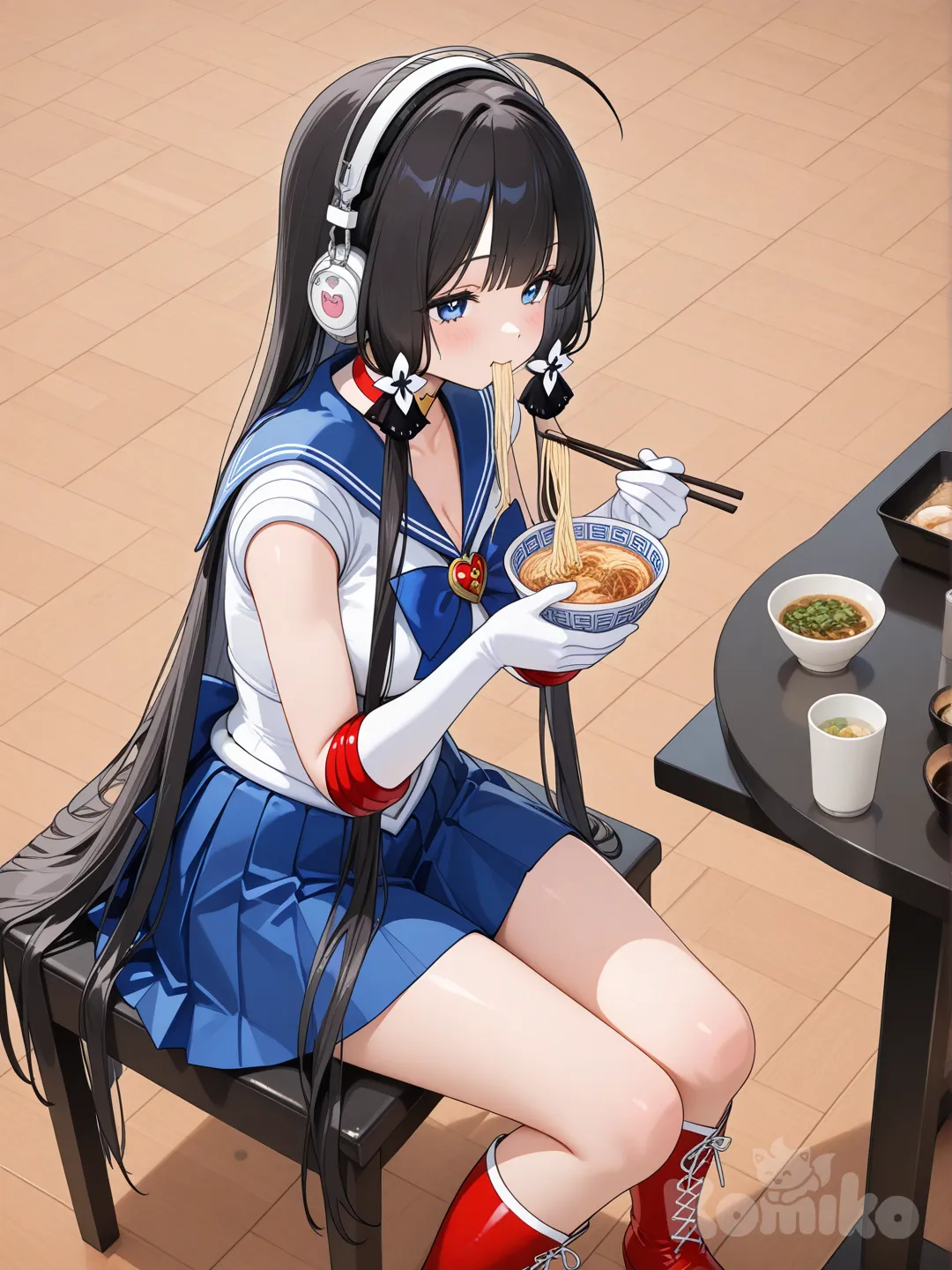 Illustrious Azur Lane girl, she has very, very long, straight, silky black hair that reaches the ground. Hentai, 3D, very smooth, very long, very long black hair, Sailor Moon outfit, sitting, eating noodles, listening to music