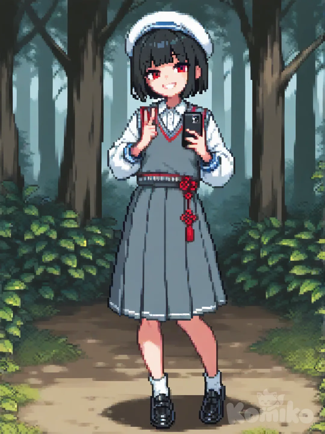 @kuren-gmIw , [soft-pixel-art-style], selfie, evil smile, forest