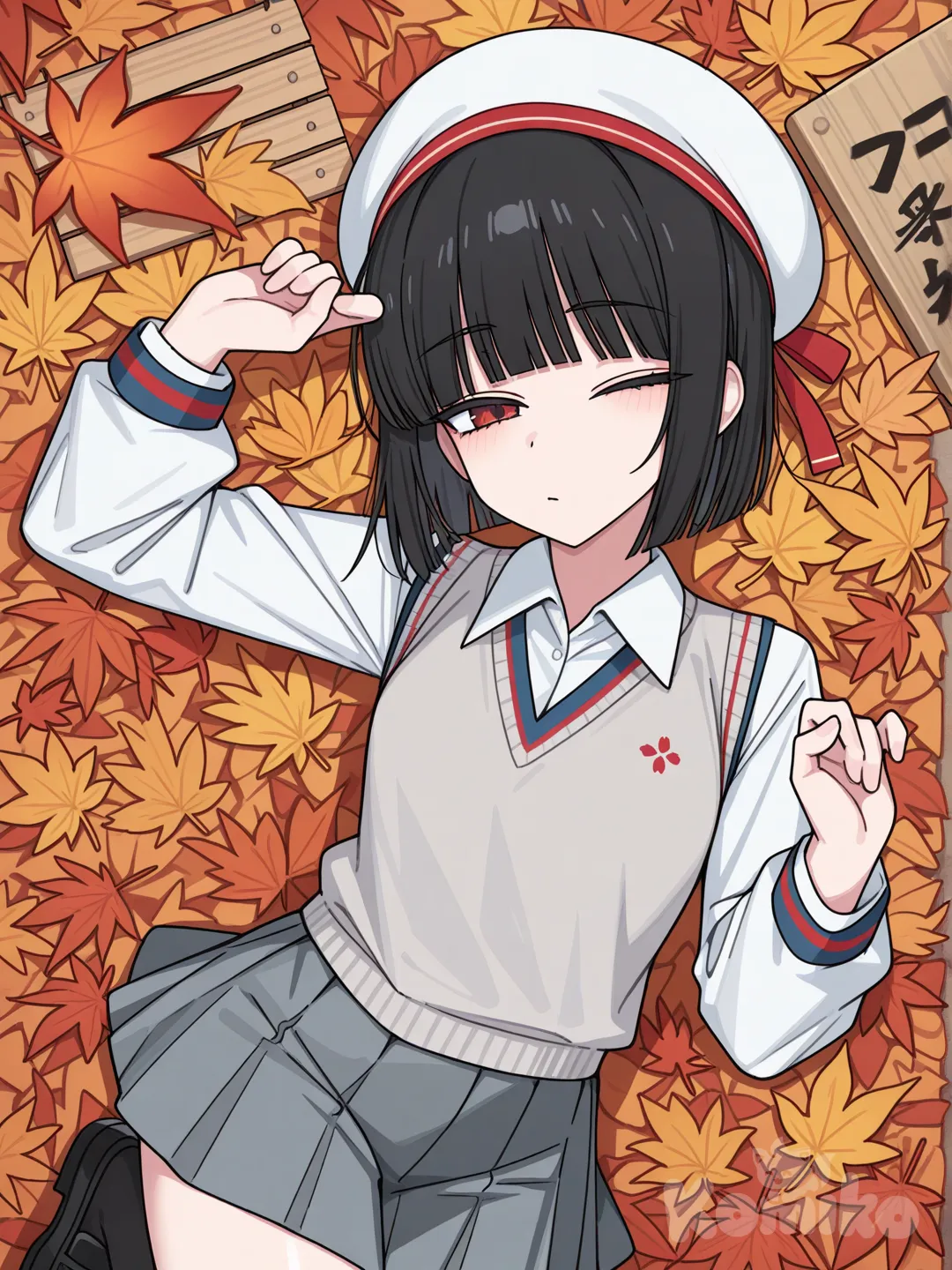 @kuren-gmIw , [toon-shaded-style], v sign, one eye closed, leaves falling