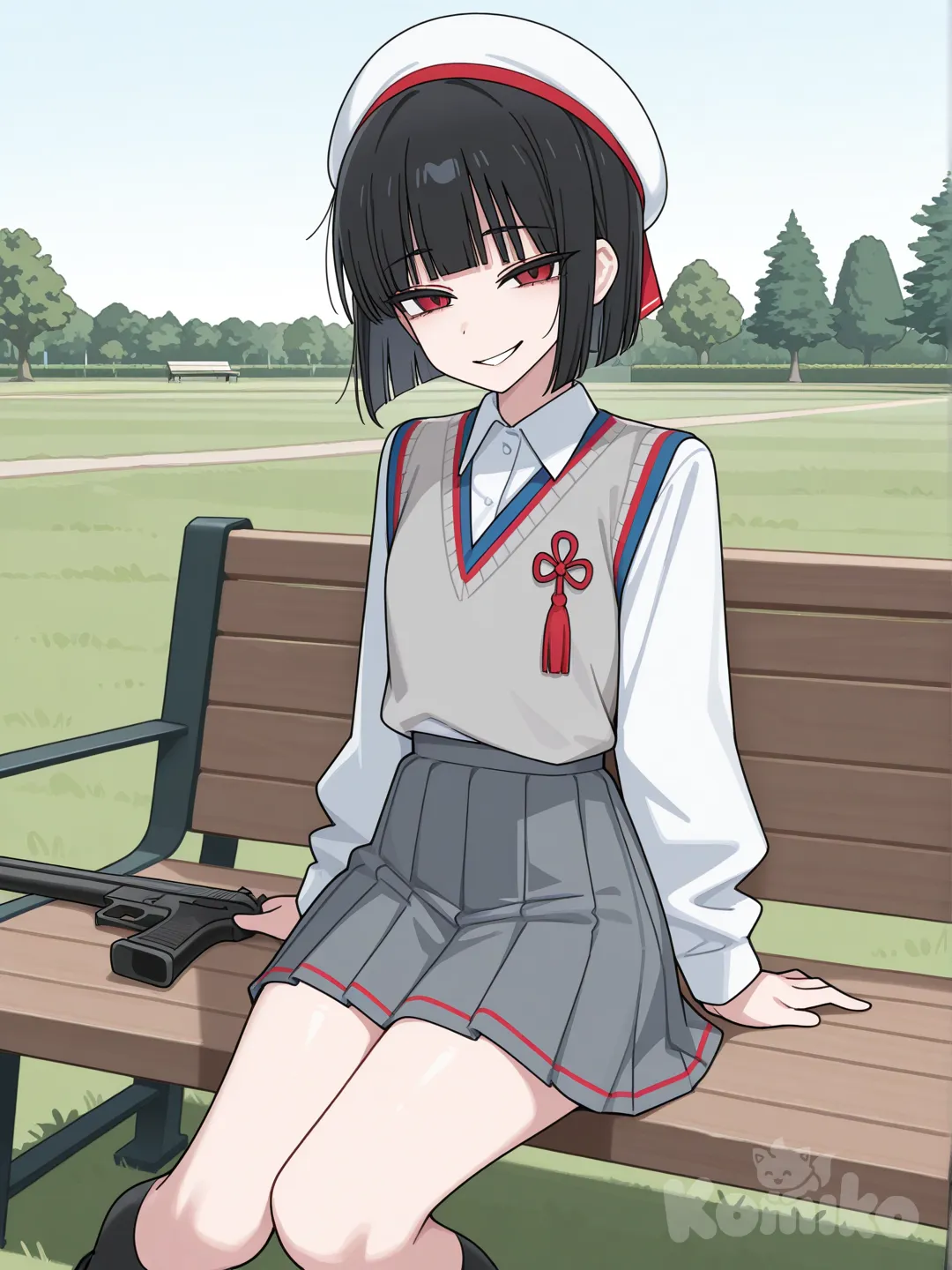 @kuren-gmIw, holding gun, evil smile, looking at viewer, park, [toon-shaded-style]