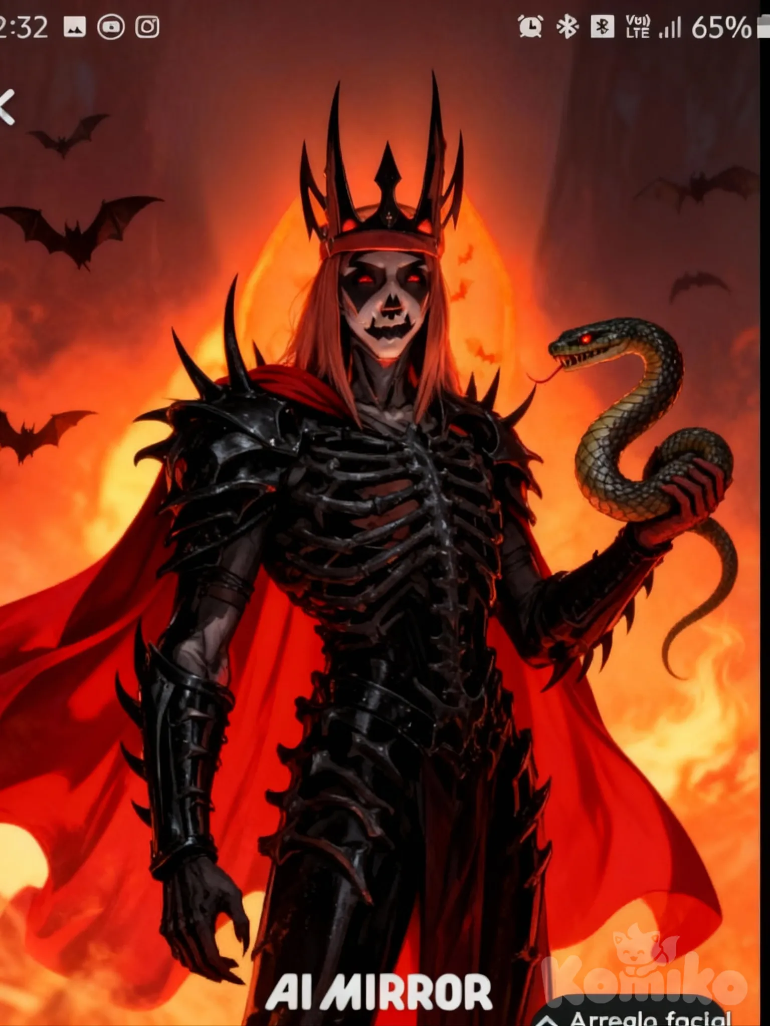 Rey archidemonio astaroth armadura de huesos negros y capa roja, serpiente en la mano