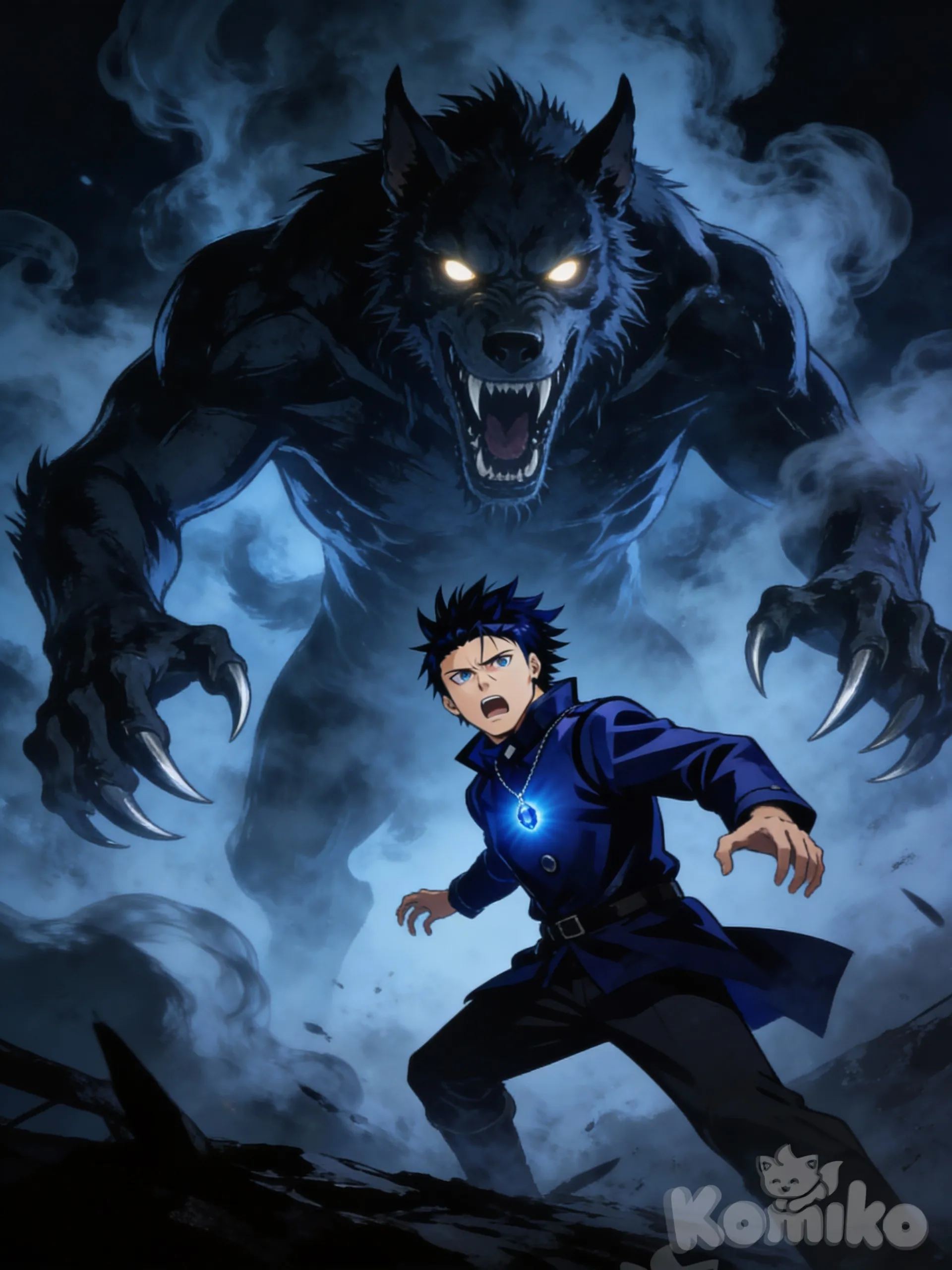 > Dark anime fantasy comic page.
From thick fog, abyss hounds emerge: large demonic beasts, muscular bodies, glowing eyes, sharp fangs.
Low angle to show their size and menace.
AXEL in the foreground stepping back in fear.
Dark shadows, cold blue-gray tones, intense dramatic mood.