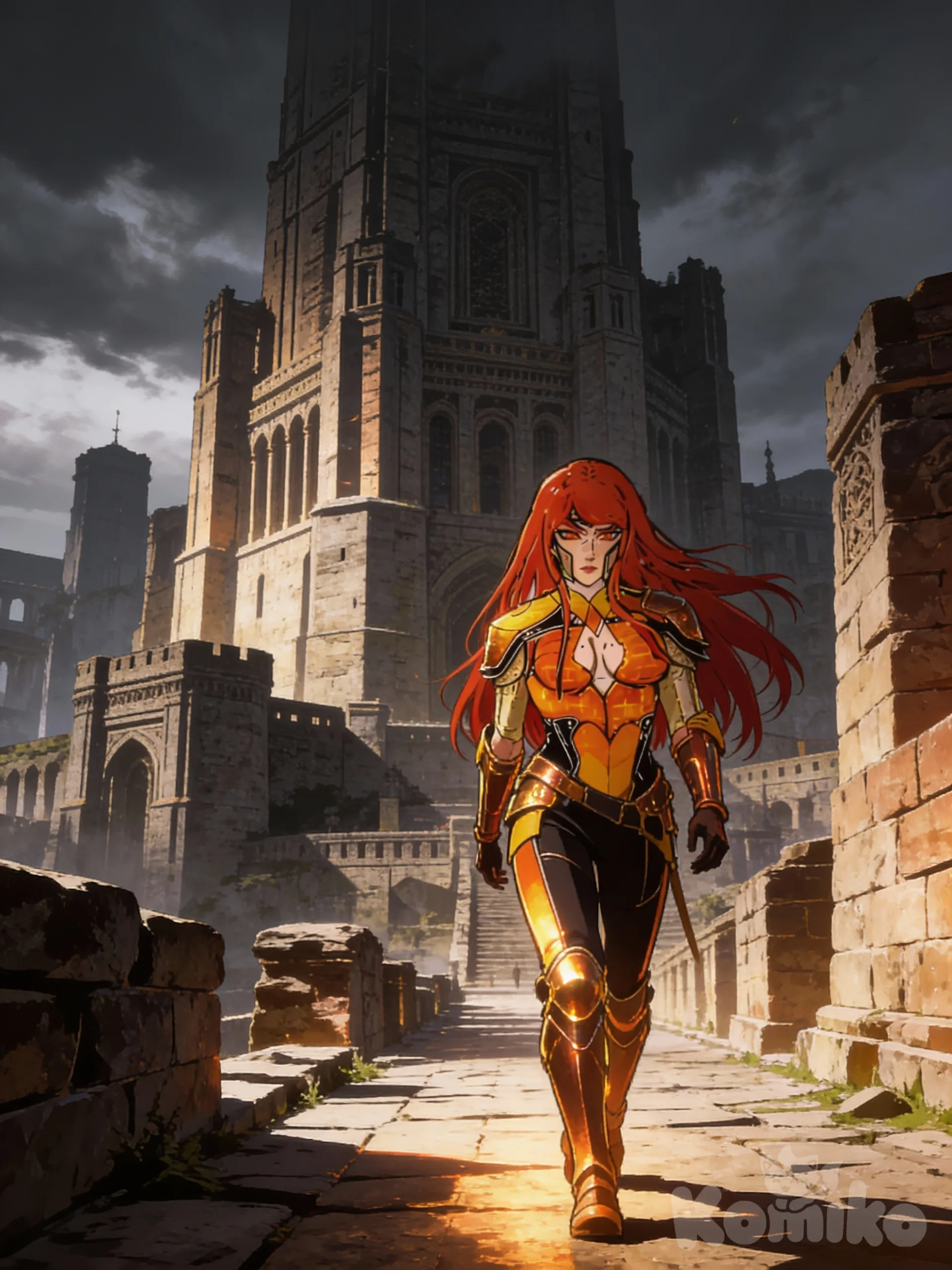 Lone female guardian walking through ancient stone city, massive architecture symbolizing law and order, armor reflecting warm golden and copper light, heavy atmosphere, sense of responsibility and fatigue, epic anime fantasy illustration, cinematic scale, ultra 8k