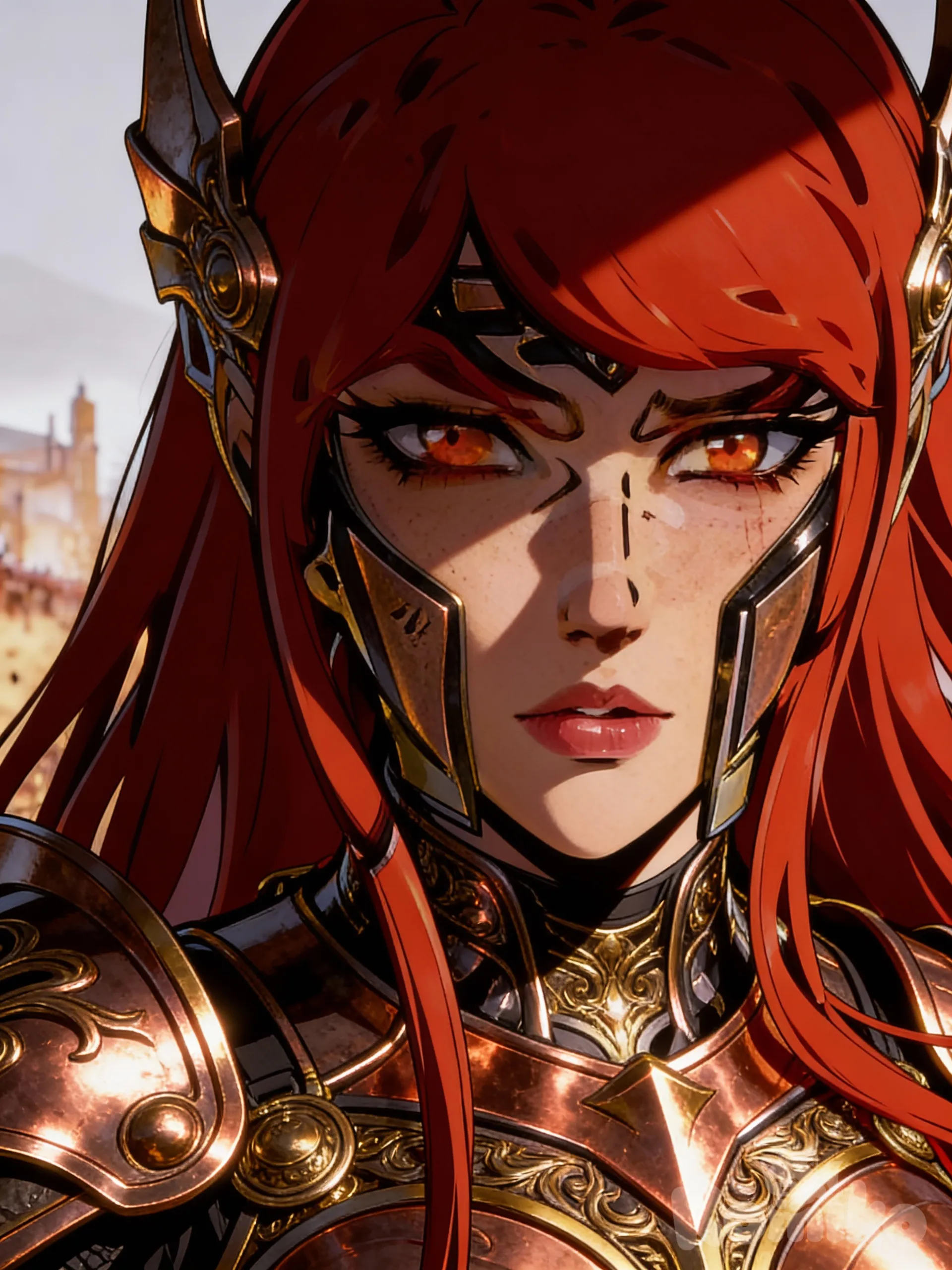 Close-up portrait of stoic female guardian, eyes reflecting exhaustion and unbreakable resolve, copper and gold reflections on her armor, restrained emotion, modern anime realism, dramatic shadows, ultra skin and light, 8k