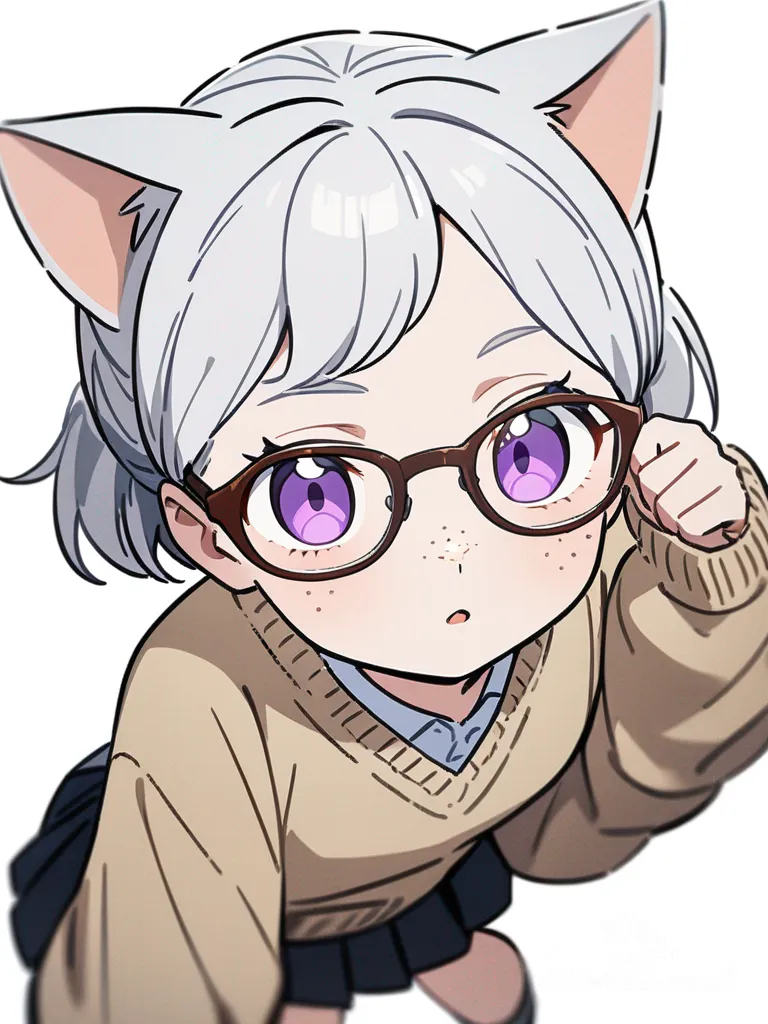 1girl, vintage comic, teenager, petite, athletic, silver hair, purple eyes, freckles, fair skin, knitted cardigan, pleated skirt, glasses, cat ears, single character, full body, looking at viewer, anime style, simple background, white background