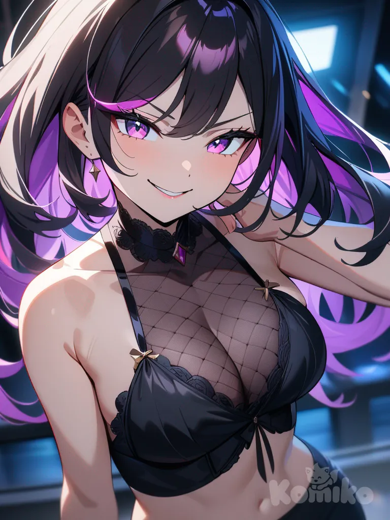 1girl, seductive pose, wearing lingerie, teasing smile, anime_style, colorful hair, ultra-