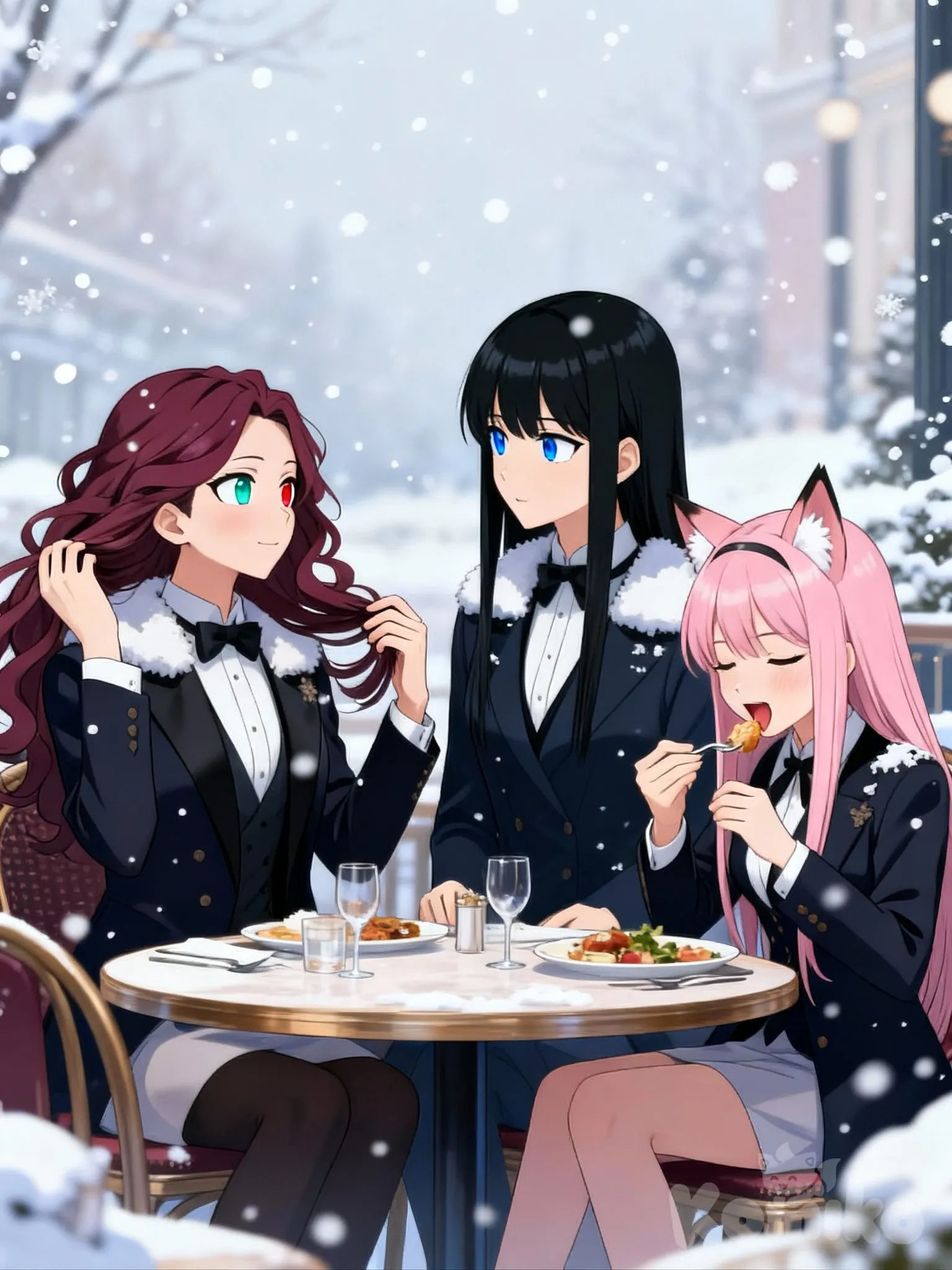Rika, Yumi, Alerra: In an outdoor restaurant, it's a shame that a snowfall hit them right then.