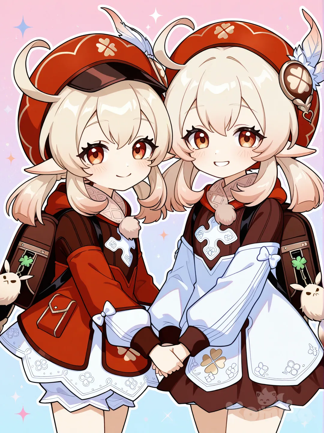 two anime girls, best friends, colorful anime style, artwork, @Klee_(Genshin_Impact)