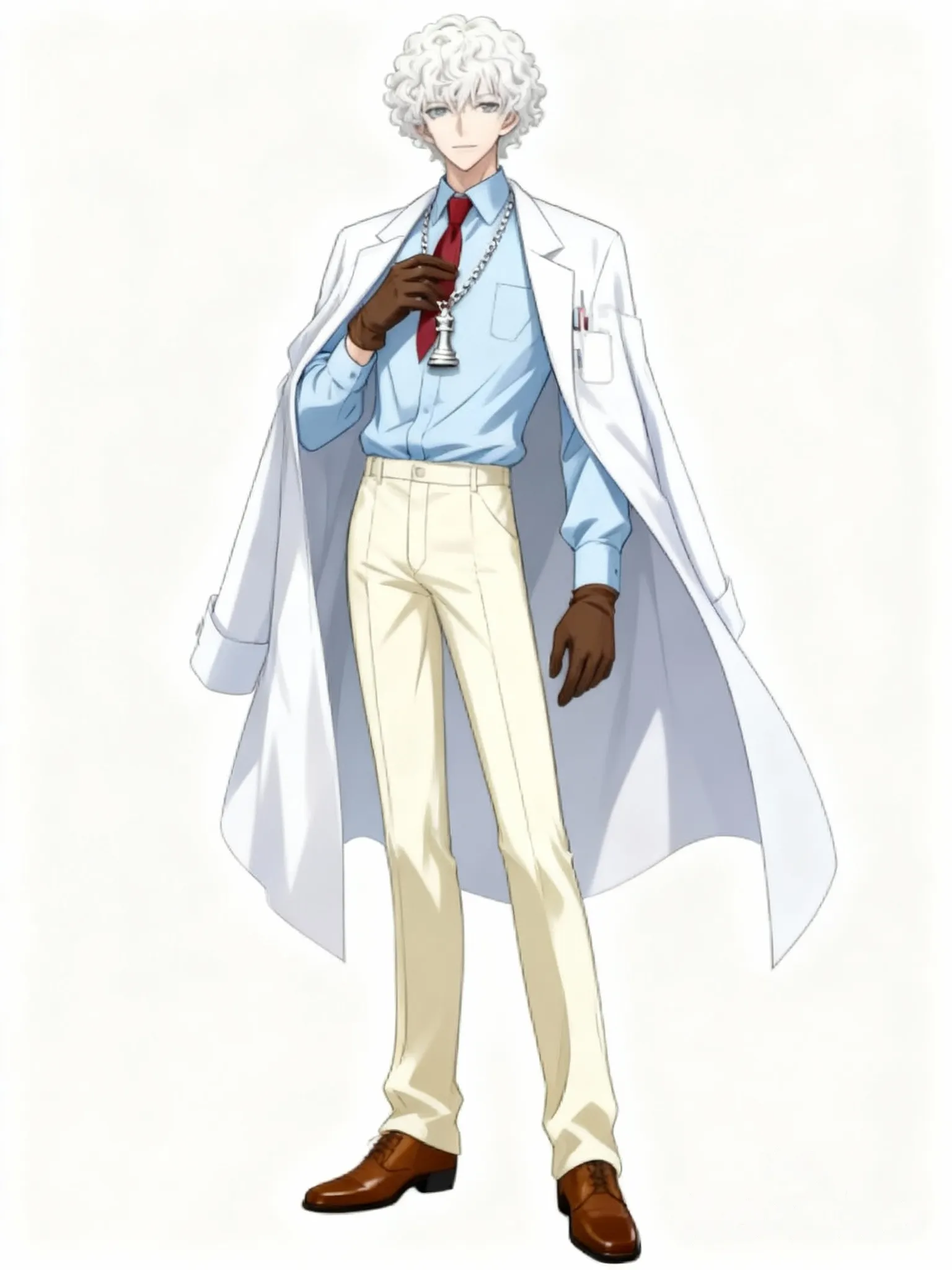 joven de 19 años, piel blanca pálida, guantes marrones elegantes, camisa celeste, pantalones elegantes creme de hombre, zapatos marrones elegantes, un collar de la pieza rey de ajedrez plateado, una corbata carmesí y lleva consigo una bata de laboratorio, cabello rizado casi albino, es hombre... Estilo artístico code geass.