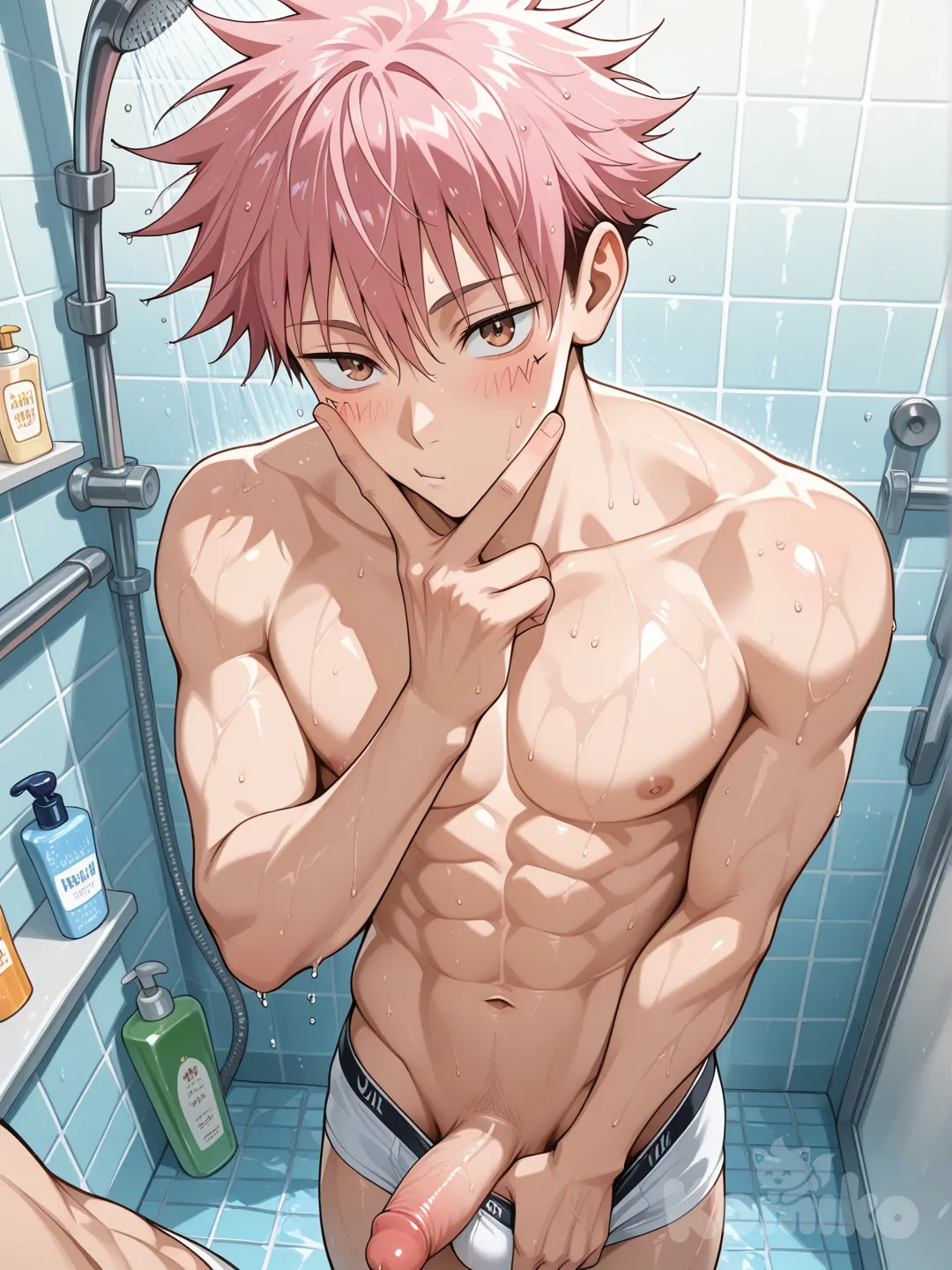 Yuji Itadori từ Jujutsu Kaisen, 17 cơ bụng sáu múi slim thon gọn, má đỏ ửng, đang tắm trong phòng tắm lát gạch xanh ngọc, nước chảy ướt toàn thân, không mặc áo để lộ cơ ngực và cơ bụng sáu múi săn chắc, quần sịp tam giác trắng tụt xuống lộ cu đặt chéo cương cứng, chai shampoo màu xanh đặt đứng trên vùng hạ bộ tạo hiệu ứng suggestive, tay kia giơ dấu peace sign gần mặt, góc selfie, phong cách anime hiện đại chi tiết cao, ánh sáng ẩm ướt lấp lánh, chất lượng cao
