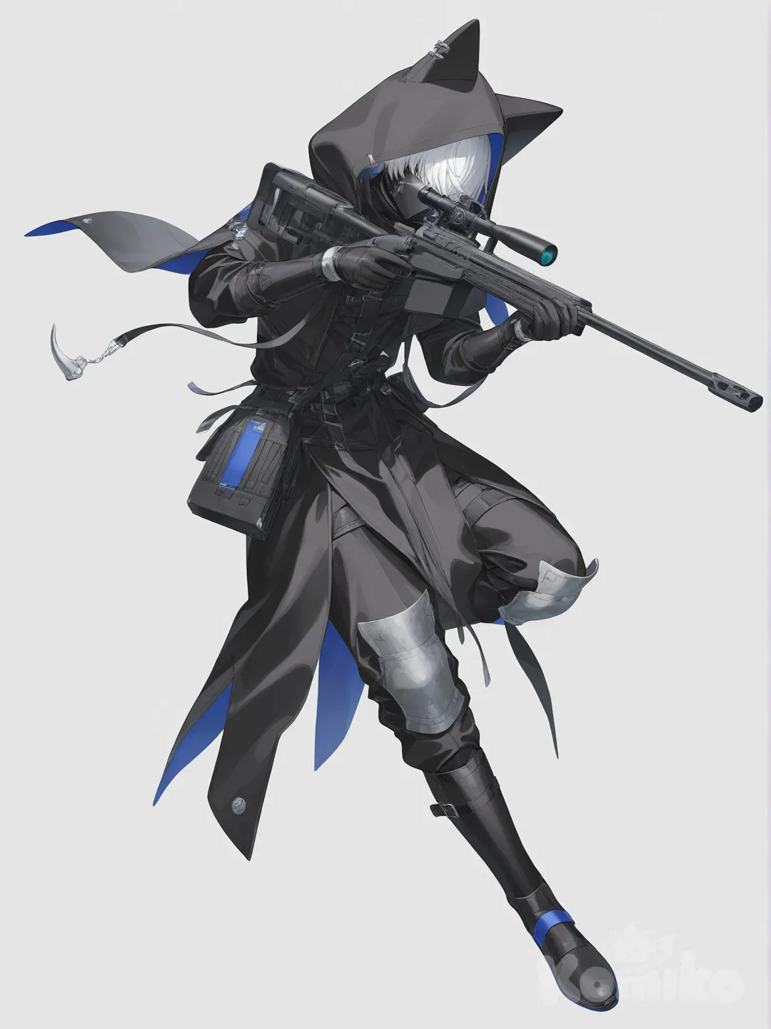 1boy, holding sniper,mask,Furry hood, floating, technology skills, hair over eyes one, fantasy outfit, full body, action pose Simple background , [soft-pastel-style]