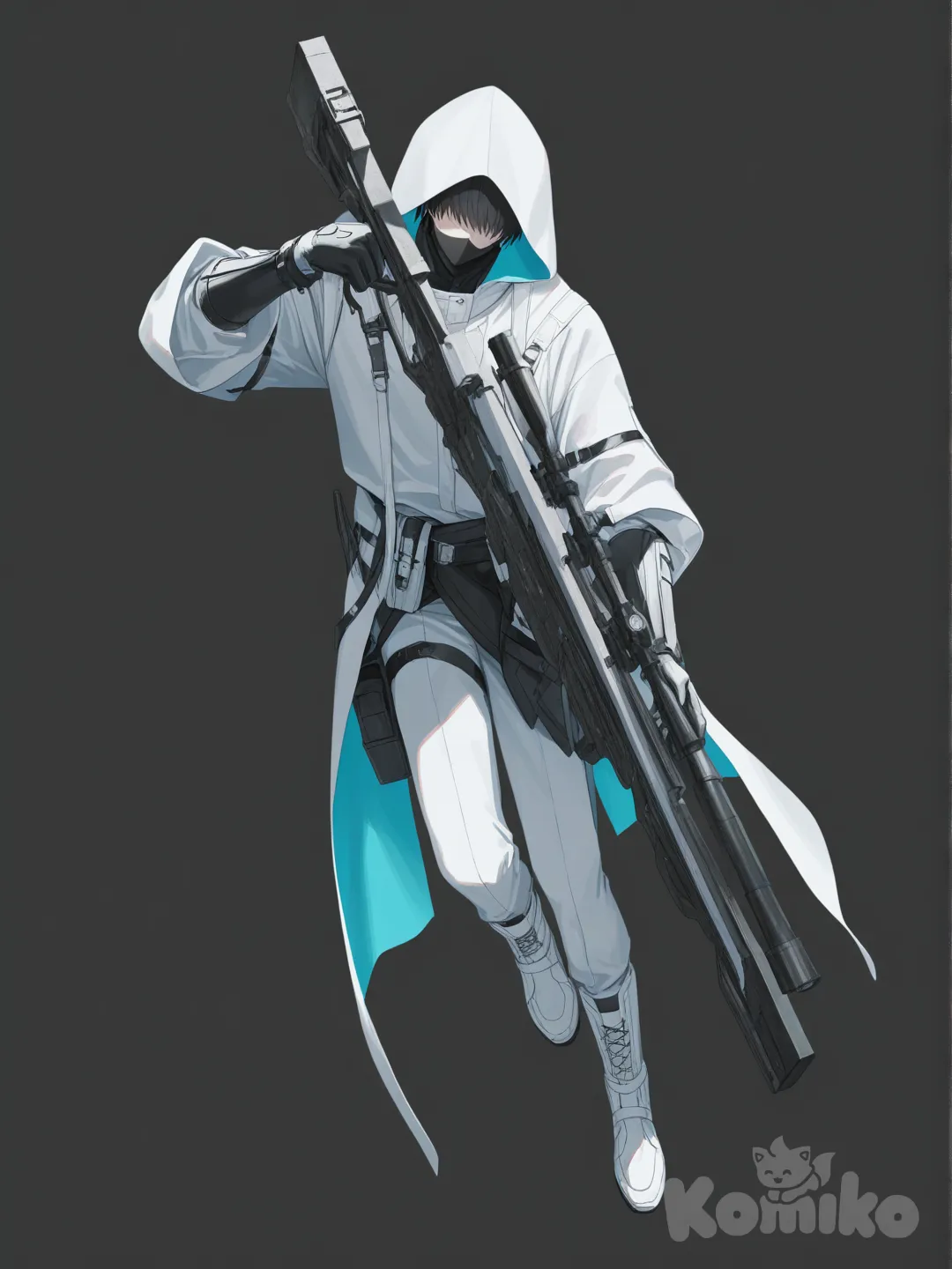 1boy, holding sniper,mask, beautiful eyes,open Furry hood, floating, technology skills, hair over eyes one, fantasy outfit, full body, action pose Simple background , [soft-pastel-style]