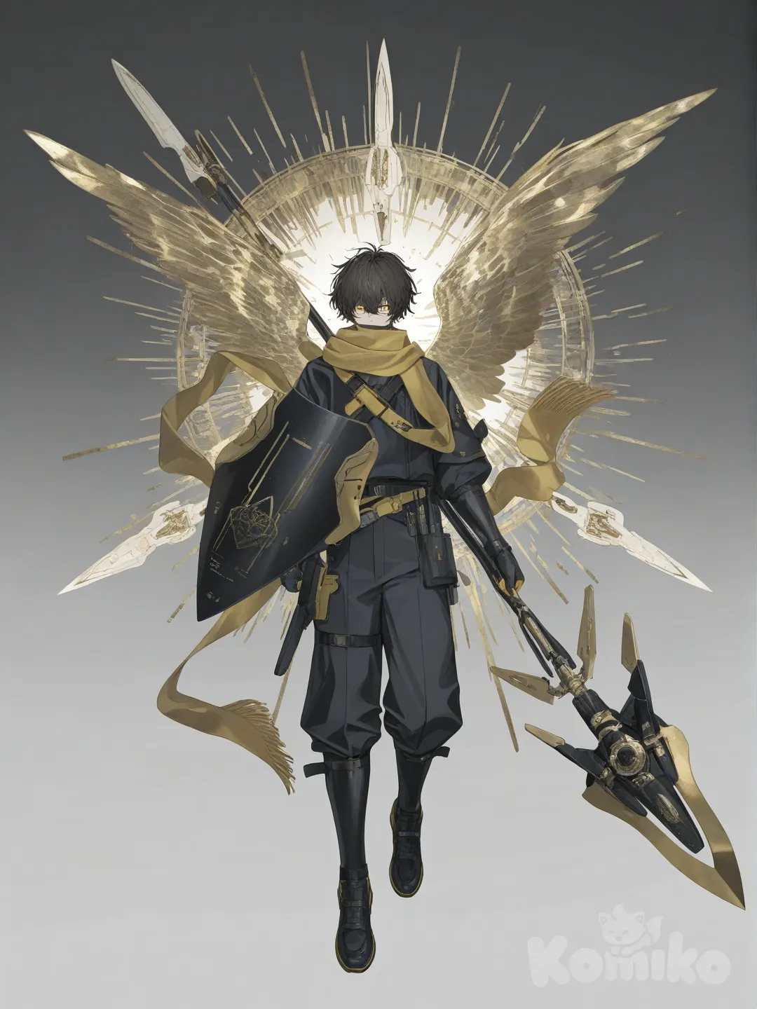 [soft-pastel-style],1boy, technology floating full body,scarf long,hand scarf weapon,eye Path, wings , futuristic outfit , eagle dragon drone, Messy hair,spear,Shield, gold,light skill