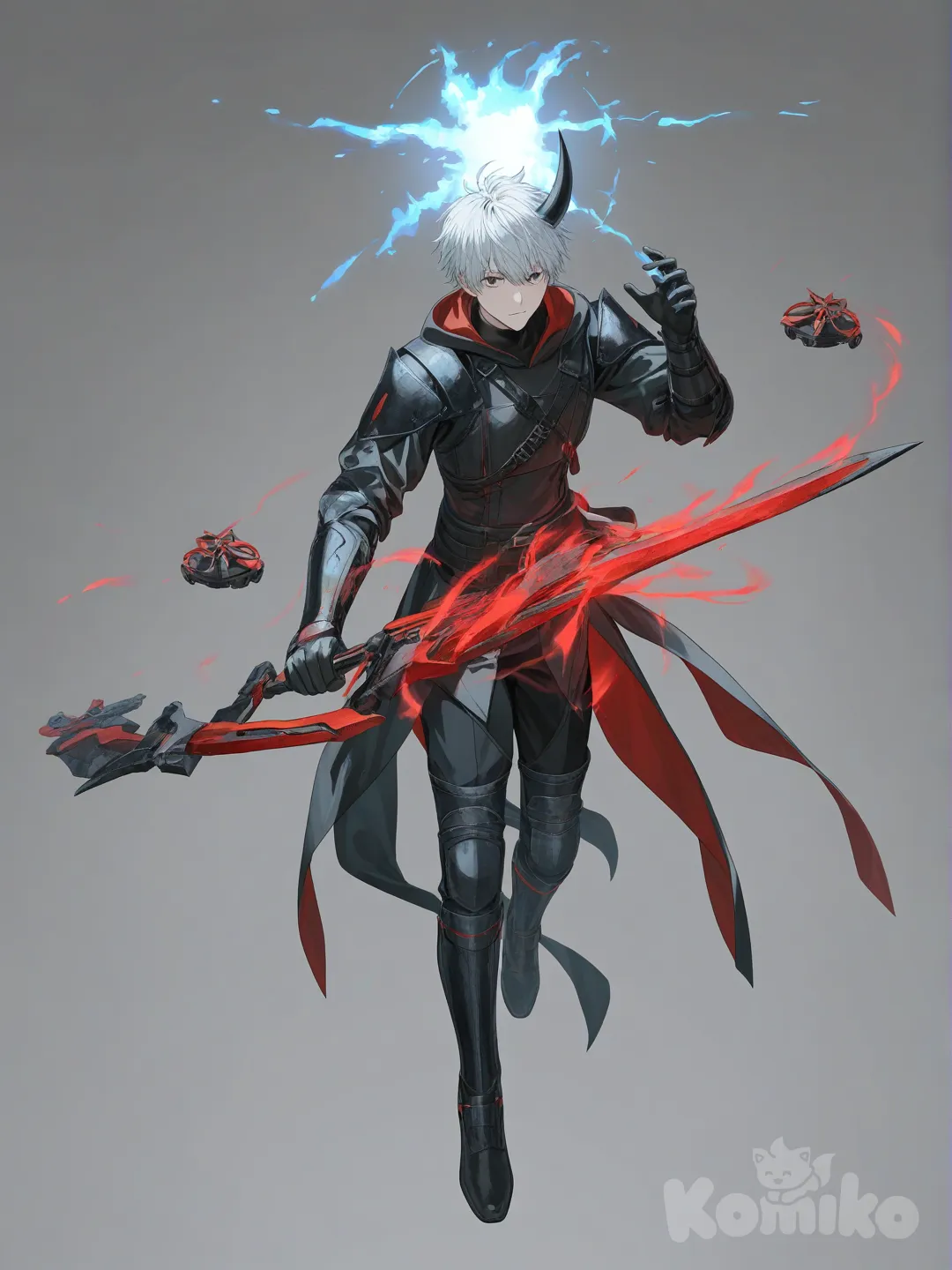 1boy, holding bow archer,floating,one horn, plasma skill,drone Hunter, skills, hair Messy, fantasy outfit, full body, action pose Simple background , [soft-pastel-style]