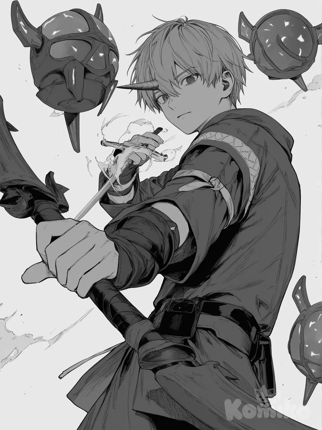 [soft-pastel-style],1boy, holding bow archer,floating,one horn, plasma skill,drone Hunter, skills, hair Messy, fantasy outfit, action pose Simple background , [soft-pastel-style], upper body, looking at viewer , simple background