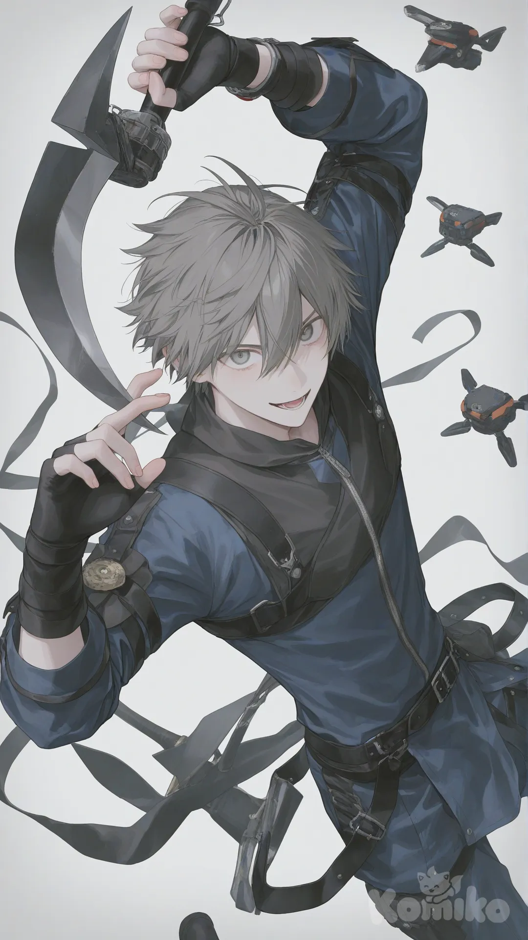 [soft-pastel-style],1boy, holding Sickle ,floating,one horn, plasma skill,drone Hunter, skills, hair Messy, fantasy outfit, action pose Simple background , [soft-pastel-style], upper body, looking at viewer , simple background, god eater