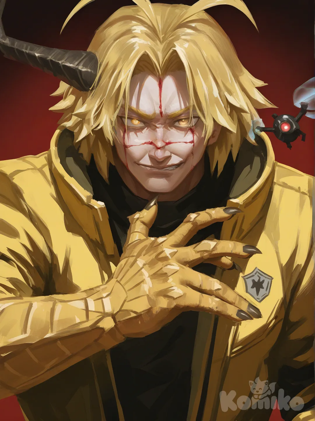 1boy, Red clawed gautlet hand ,floating,One antenna like an eye , Sent blood manipulation skill,drone Hunter, one horn,smirk,skills, yellow hair Messy, eye yellow ,yellow jacket outfit, action pose, Simple background , upper body, looking at viewer , simple background, [radiant-coating-style]