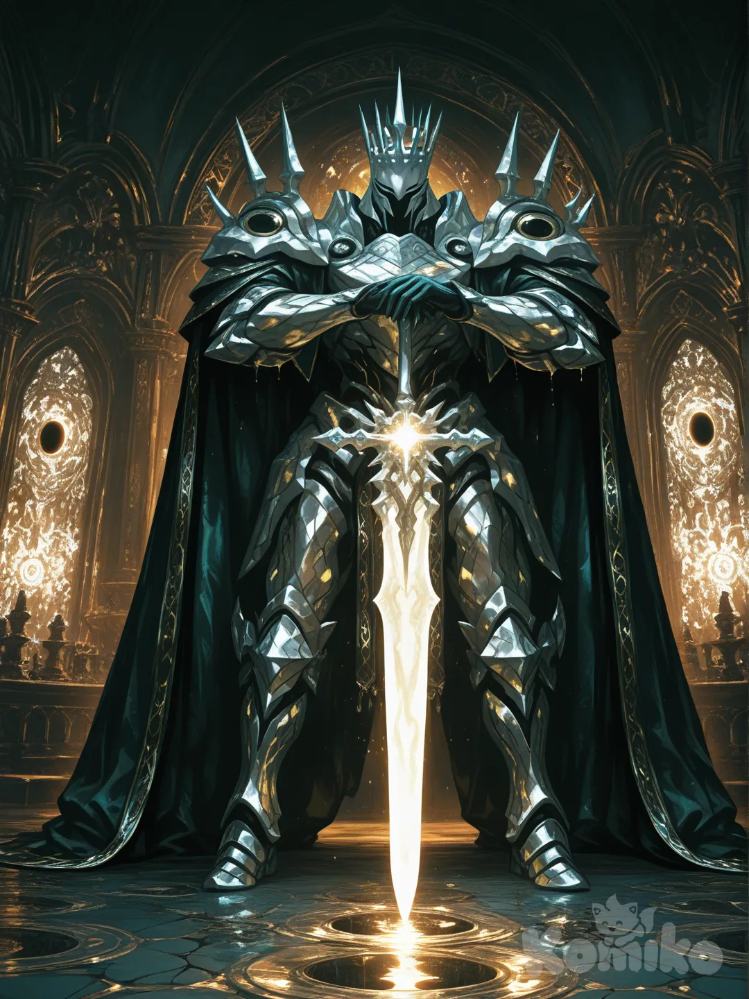 HYPER-Anime Key Visual, 8K. The "Eclipse Slime King", a majestic living armor entity. CORE CONCEPT: Liquid obsidian & molten chrome slime forms its flesh/metal, with intricate glowing crimson biomechanical circuits within. Over this, MASSIVE, ornate plates of PURE WHITE, fractured crystal armor (inspired by zangetsu by code geas) cover the body. Each crystal plate is heavily with sharp facets, glowing runic engravings, and wing-like spikes. Color scheme: Stark Black (slime), Pure White (crystal), Glowing Crimson (energy). It has a grandiose crystalline crown and a single crimson cyclopean eye. It holds a crystal greatsword and a miniature black hole. Pose: Regal, powerful, standing on a shattered celestial throne room. , knight, muscular,God-ray cinematic lighting illuminates the crystals. Cape of solidified shadows. Atmosphere: Epic, sorrowful, divine power. Ultra-intricate design, stylized Unreal Engine 5 render, ray tracing, by Akihiko Yoshida., [sensual-glossy-style], @Arthur_Pendragon_(Fate)