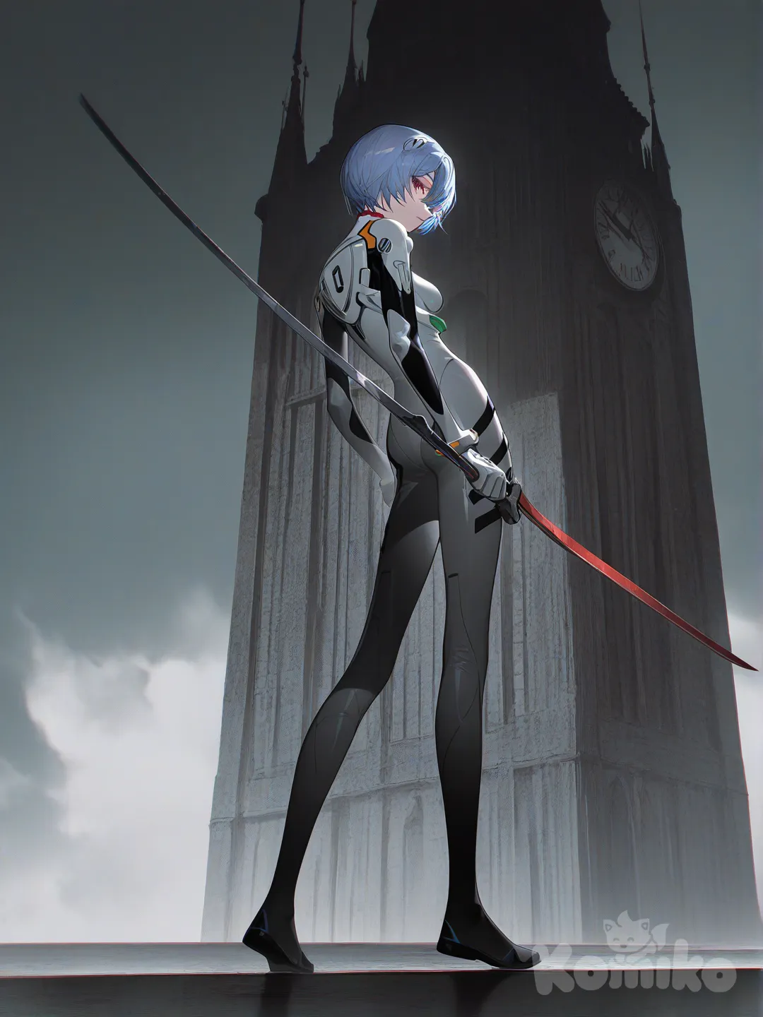 3d, [high-contrast-glossy-style], @Ayanami_Rei, holding sword, clenched hands, full body, clock tower
