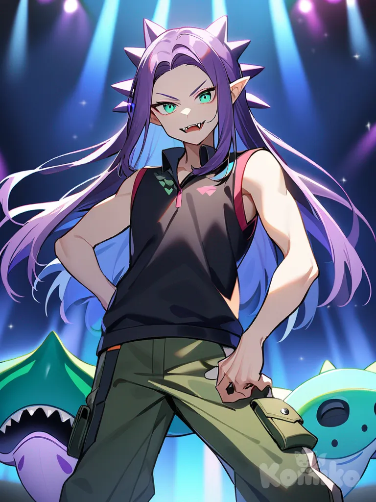 1boy, blue-green eyes, straight hair, spiky hair tips, two fangs, standing on stage, white microphone, blue background, stingrays, confident pose, mysterious vibe, alien stage, teenager, athletic, stocky, tall, purple hair, long hair, fair skin, vest, polo shirt, bohemian shirt, suit pants, cargo pants, single character, full body, looking at viewer, anime style, simple background, white background