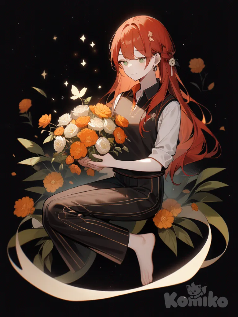 1girl, teenager, slim, tall, scrawny, рыжие волосы, завязанные в косу, green eyes, gray eyes, pale skin, polo shirt, vest, pants, capri pants, hair accessory, earrings, long hair, тёмный фон с сияющими золотыми узорами, прикрытые глаза, лёгкая улыбка, в руке россыпь цветов, single character, full body, looking at viewer, anime style, simple background, white background