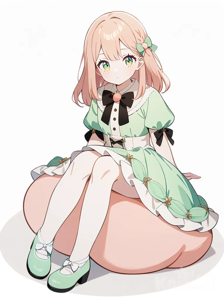 1girl, teenager, short, slim, персиковая лягушка, персиковые волосы, волосы до плеч, бледно селеные глаза, персиковые глаза, fair skin, bow, pearls, single character, full body, looking at viewer, anime style, simple background, white background
