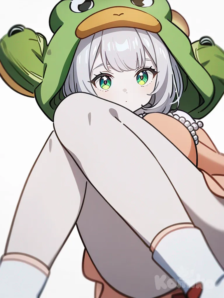 1girl, adult, thin, pale skin, green eyes, frog hat, peach dress, heavy boots, white knee-high socks, bow, pearls, single character, full body, looking at viewer, anime style, simple background, white background
