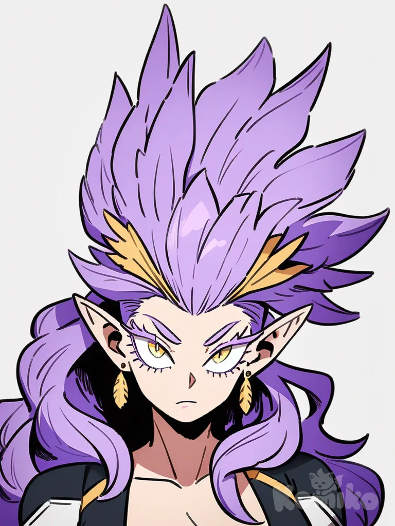 1girl, My Hero Academia style, original character, mature, tall, slim, purple hair, long wavy hair, yellow eyes, vertical pupils, thick eyelashes, eyeliner, pointed ears, fair skin, neon owl feathers, hair accessory, earrings, single character, full body, looking at viewer, anime style, simple background, white background