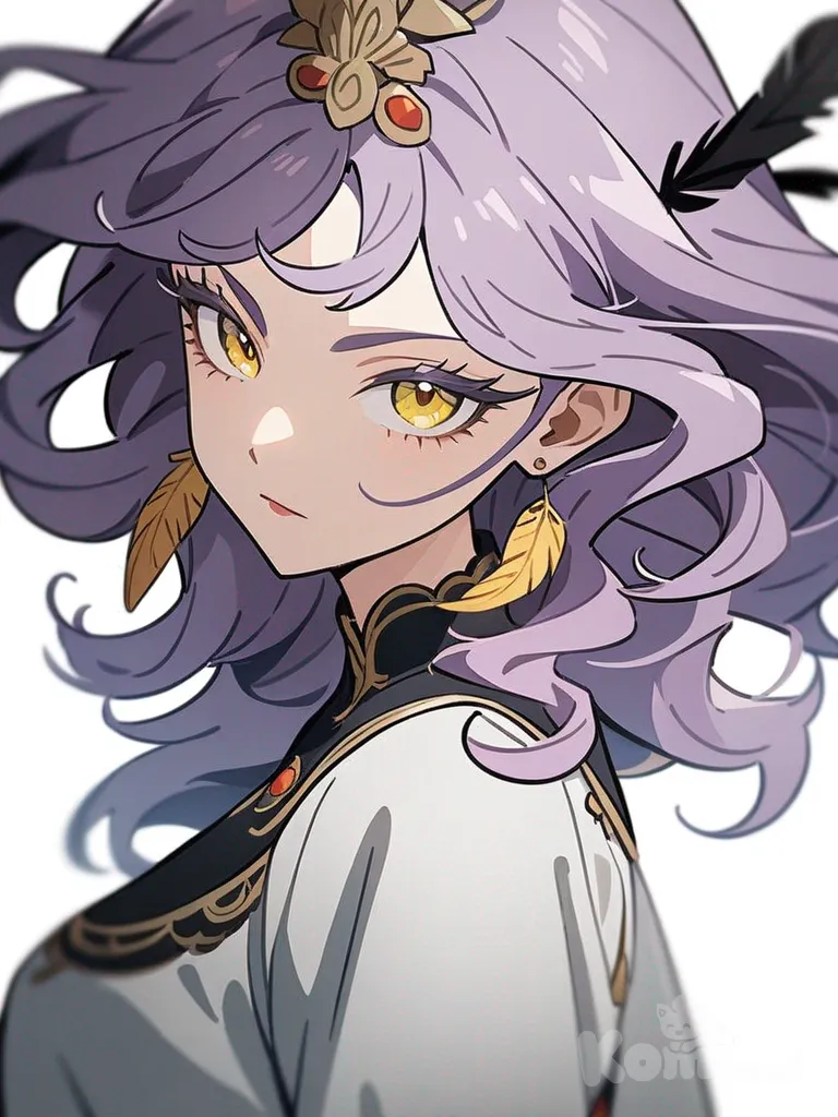 1girl, mature, tall, slim, purple hair, long wavy hair, yellow eyes, fair skin, thick eyelashes, eyeliner, neon feathers, hair accessory, earrings, single character, full body, looking at viewer, anime style, simple background, white background