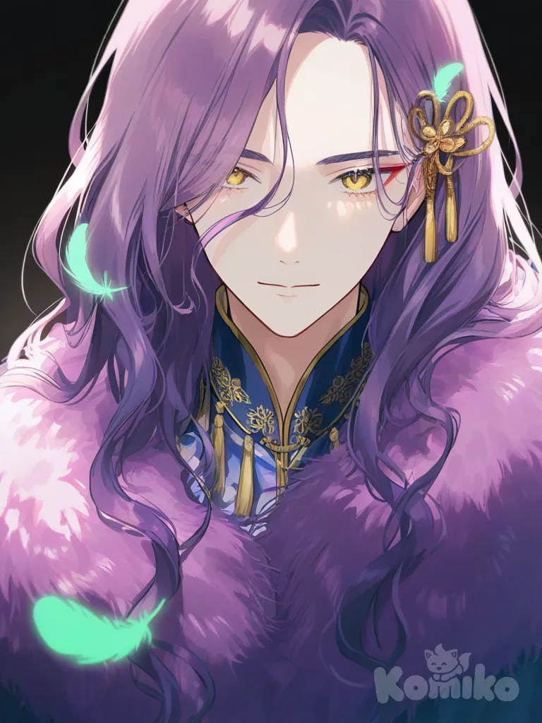 [soft-pastel-style] 1boy, mature, tall, slim, purple hair, wavy hair, long hair, yellow eyes, fluffy eyelashes, eyeliner, fair skin, neon feathers, hair accessory, single character, full body, looking at viewer, anime style, simple background, white background