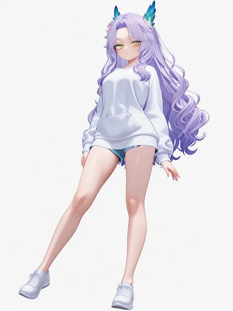 [3d-anime-style] 1boy, mature, tall, slim, purple hair, wavy hair, long hair, yellow eyes, fluffy eyelashes, eyeliner, fair skin, neon feathers, hair accessory, single character, full body, looking at viewer, anime style, simple background, white background