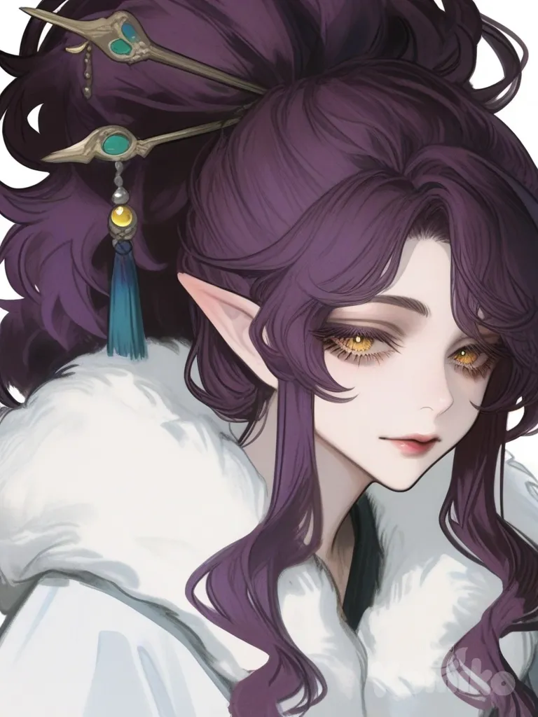 [semi-realistic-portrait-style] 1boy, lineart, mature, tall, athletic, purple hair, wavy hair, волосы завязаны в высокий хвост, жёлтые глаза, вертикальный зрачок, пушистые ресницы, заостреннын уши, fair skin, неоновые совиные перья, hairpin, single character, full body, looking at viewer, anime style, simple background, white background