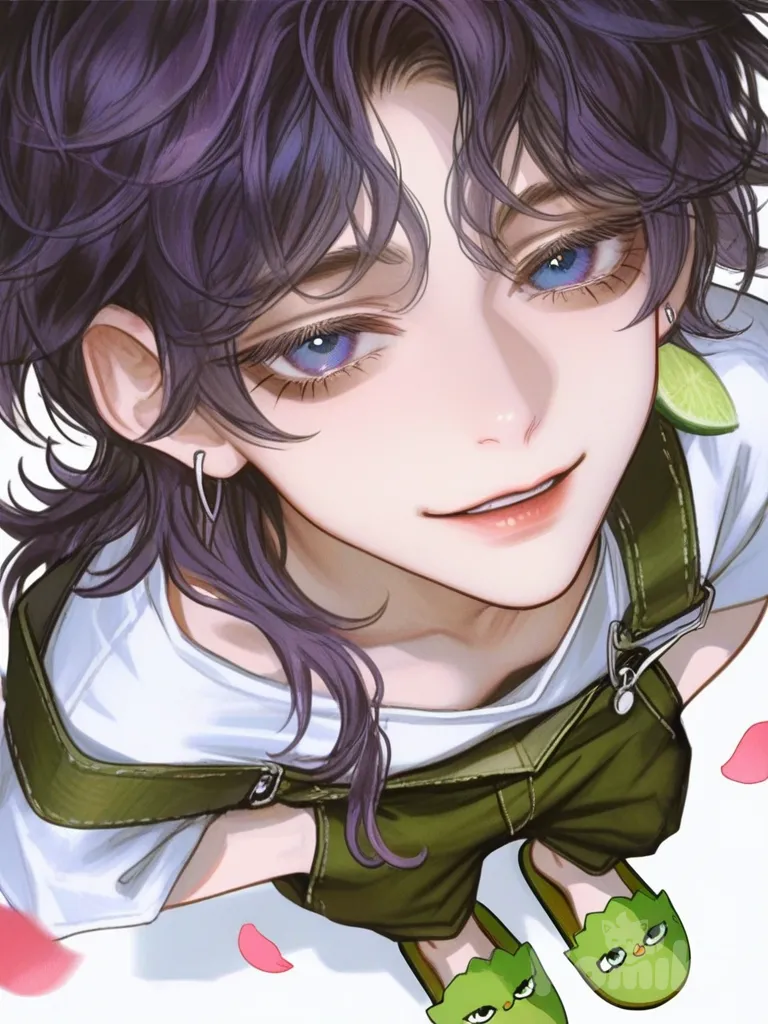 [semi-realistic-portrait-style] 1boy, tall, slim, short wavy hair, neck-length hair, fluffy purple hair, blue-pink eyes, petals near eyes, spiky earrings, black earrings, light skin, gray eye bags, white t-shirt, wide short sleeves, wooden slippers, no socks, lime green overalls, sleeveless, one strap off shoulder, smiling, slightly pointed teeth, mocking expression, single character, full body, looking at viewer, anime style, simple background, white background