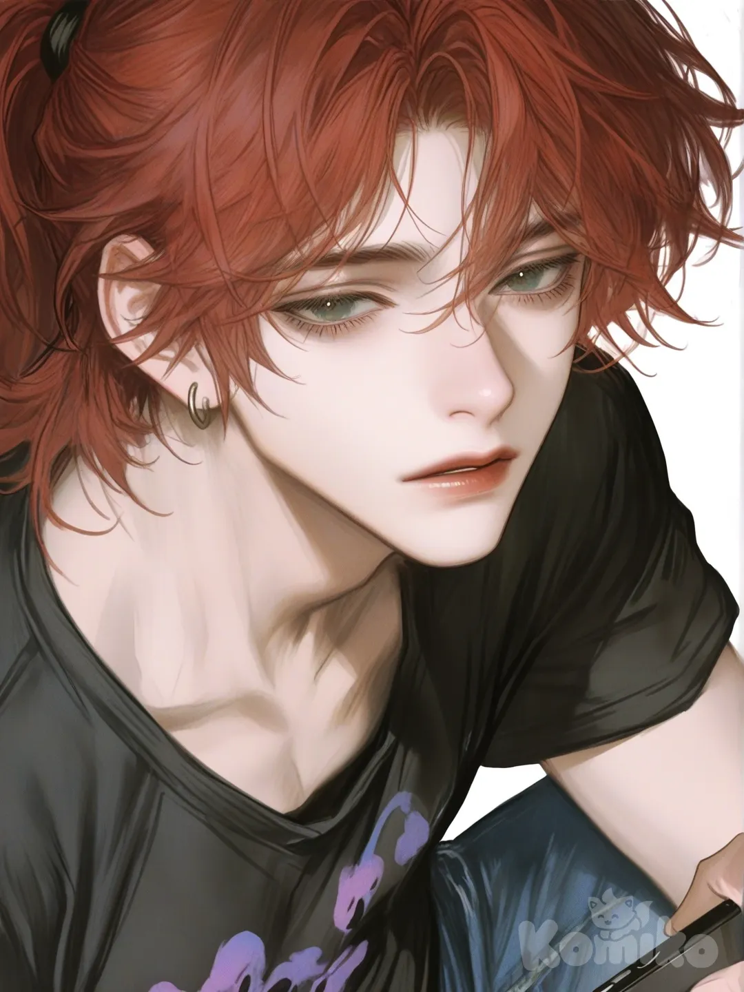 [semi-realistic-portrait-style] 1boy, realistic, mature, tall, athletic, red_hair, medium_hair, ponytail, green_eyes, dark_circles_under_eyes, fair_skin, t-shirt, bohemian_shirt, jeans, earrings, sitting, holding_smartphone, solo, full_body, looking_at_viewer, simple_background, white_background