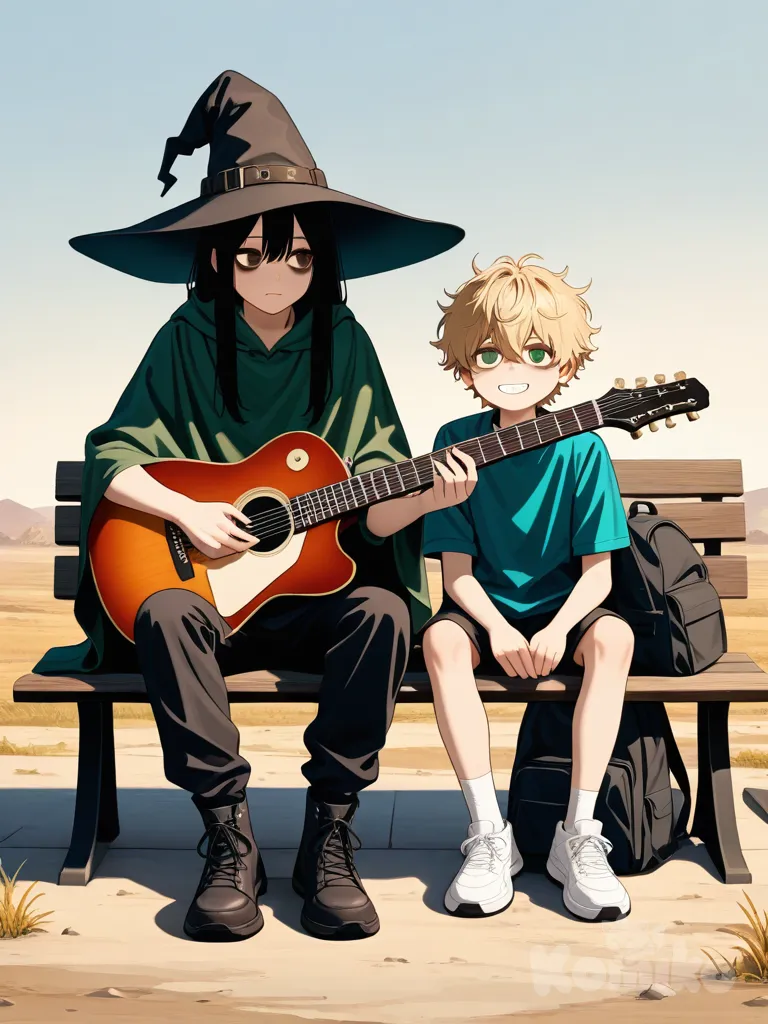 2boys, mature, slim, blonde_hair, messy_hair, neck_length_hair, sidelocks, green_eyes, fair_skin, bags_under_eyes, white_teeth, black_hair, bob_hair, brown_eyes, large_dark_witch_hat, dark_green_poncho, school_shirt, baggy_dark_pants, black_pants, worn_boots, sneakers, looking_worn, sly_smile, uncertain, holding_torn_backpack, sitting, bench, sitting_next_to_each_other, looking_at_another, looking_at_viewer, evening, wasteland, pile_of_junk, old_guitar, full_body, anime_style, simple_background, white_background