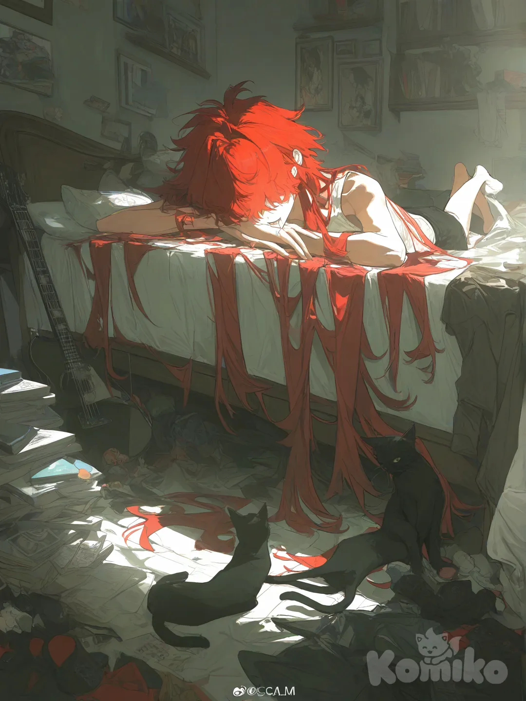 1boy, [desaturated-illustration-style] взрослый, лежит на диване с кучей подушек и плюшевых игрушек, мягкое освещение, длинные рыжие волосы разбросаны по подушке, майка, шорты, расслабленная поза, спокойное выражение лица, пускает слюни, рядом сидит чёрный кот, по комнате разбросаны вещи, одежда, книги, у кровати стоит гитара, на полках фигурки, под кроватью куча барахла