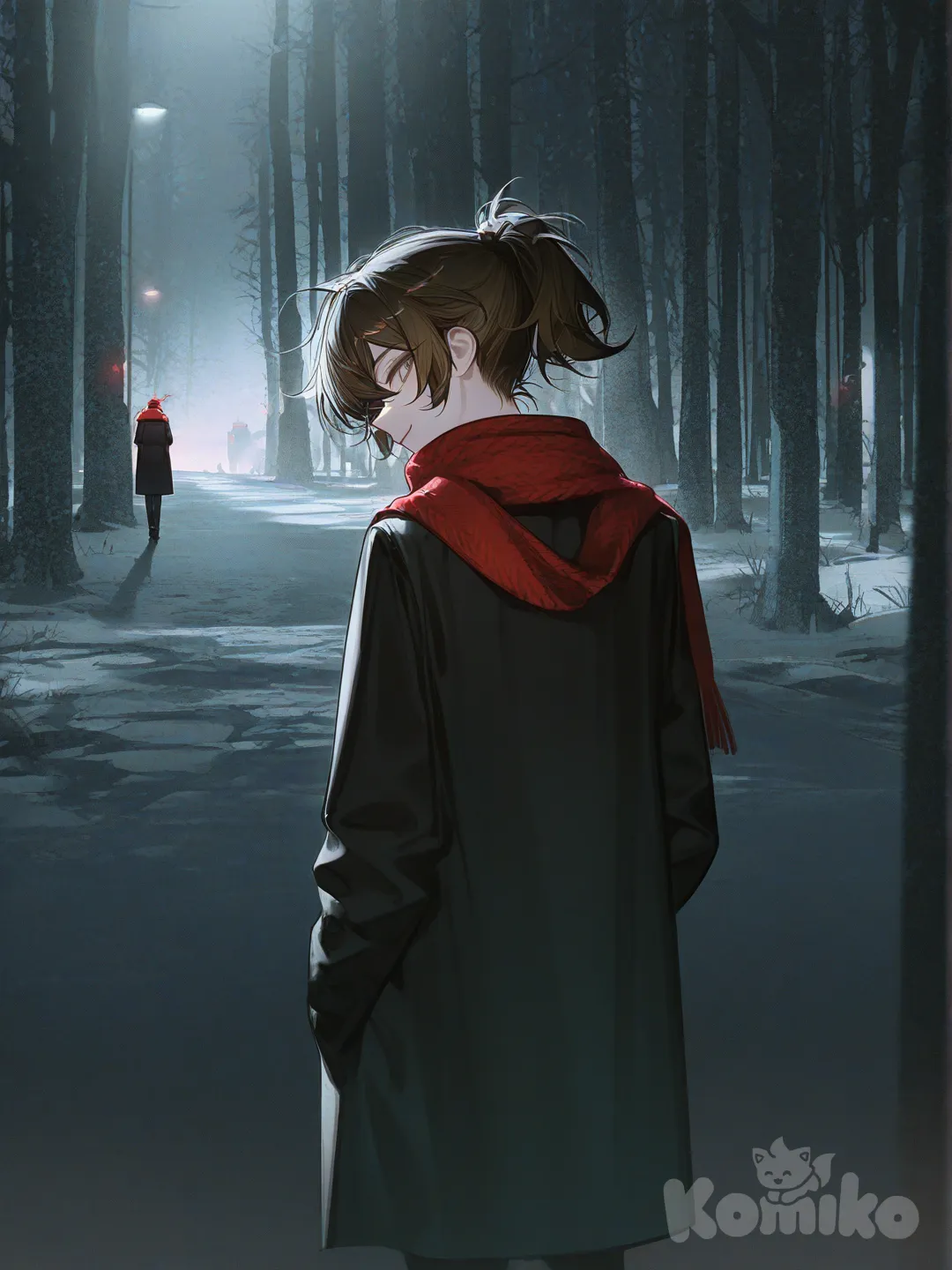 1boy, [high-contrast-glossy-style], head tilt, smile, jeans, русые волосы, растрепаны, волосы завязаны в пушащийся хвост, тёмная длинная куртка, чёрные джинсы, красный длинный шарф, куртка нараспашку, вокруг снег, вечер, снежный лес, у дороги светится фонарь, из тени выглядывают чертята