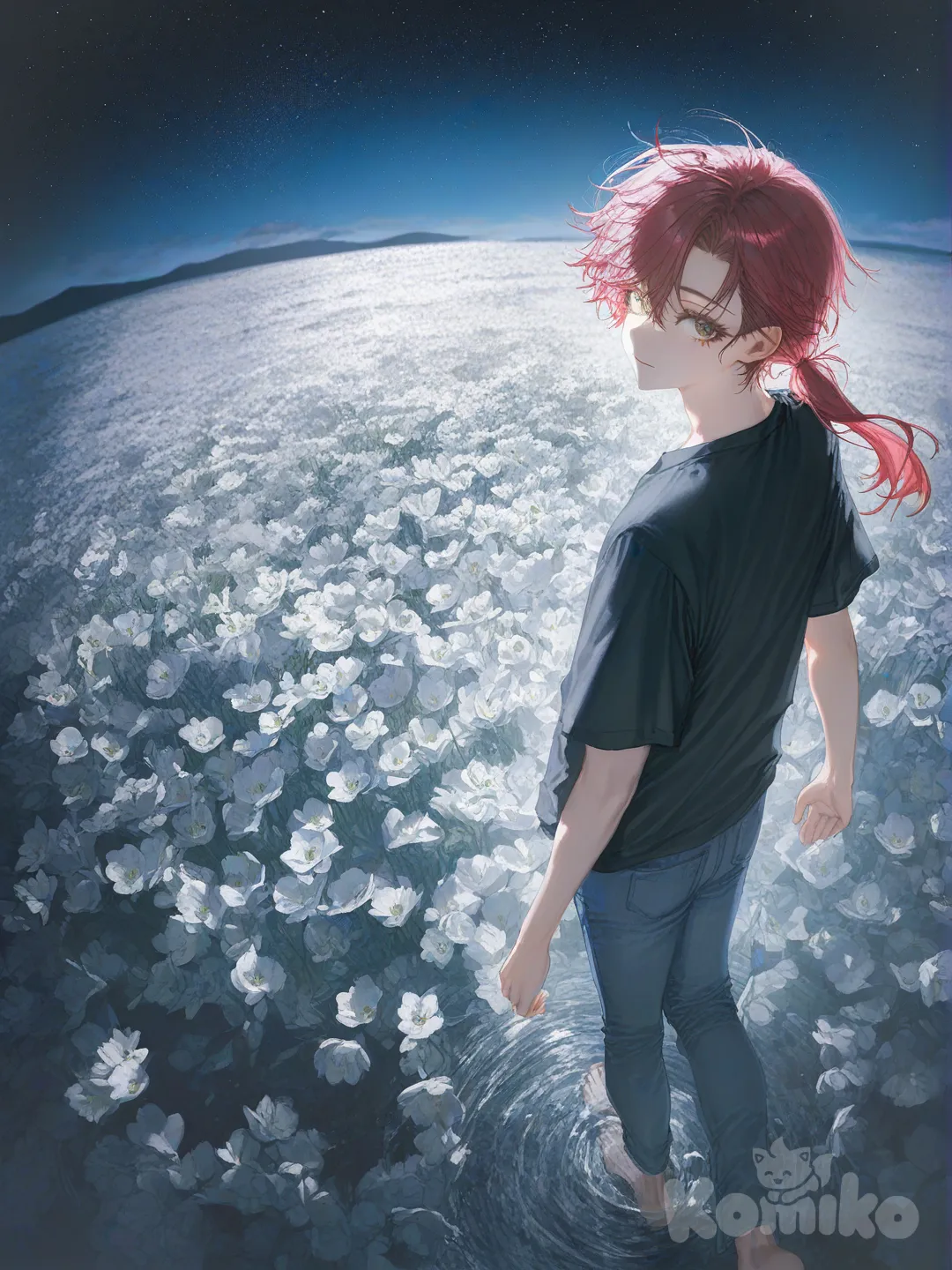 1boy, [soft-light-illustration-style], looking back, взрослый, длинные рыжие волосы завязаны в высокий хвост, t-shirt, jeans, bird's-eye view, cloud, ocean, flower field, starry sky, зелёно-желтые глаза, босой, идёт по воде, расслаблен