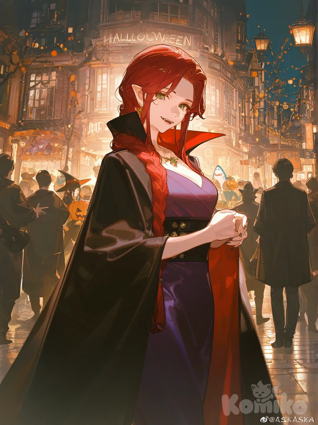 1girl, взрослая, Хэллоуин, smile, костюм вампира, преимущественно фиолетовые, зелёные и чёрные цвета, рыжие волосы заплетены в длинную косулю, зелёные глаза, заострённые уши, [dazzling-illustration-style], куча огней, на заднем фоне люди в костюмах акул, городская улица, вечер