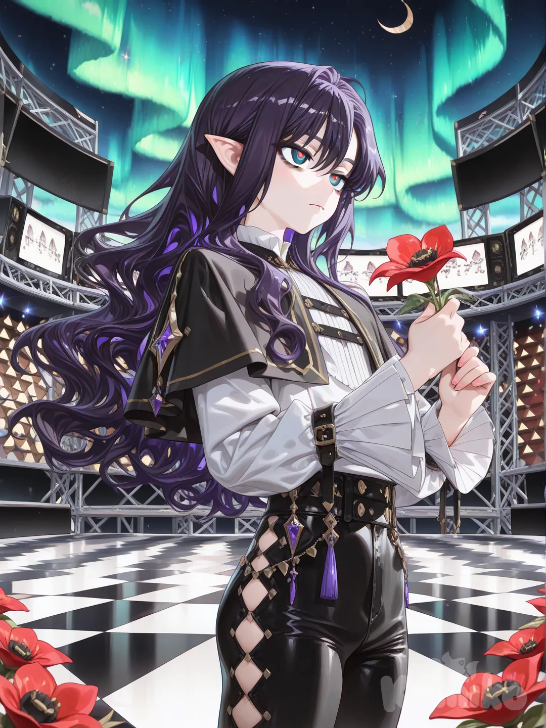 1boy, парень взрослый, Мужчина ALIEN STAGE, [high-gloss-illustration-style], singing, expressionless, чёрная короткая накидка с расходящимся низом, закреплена фиолетовыми камнями, белая лёгкая рубашка с вырезами, черные обтягивающие кожанные брюки с широкими полями, тёмно-фиолетовые волосы, длинные вьющиеся на концах волосы, ярко-синие глаза с зрачком в виде полумесяца, два клыка, заострённые кончики ушей, мешки под глазами, бледная кожа, высокий, атлетическое телосложение, широкие плечи, сцена, пол сцены похож на море, над головой северное сияние, смотрит в даль, в руке сжимает красный цветок