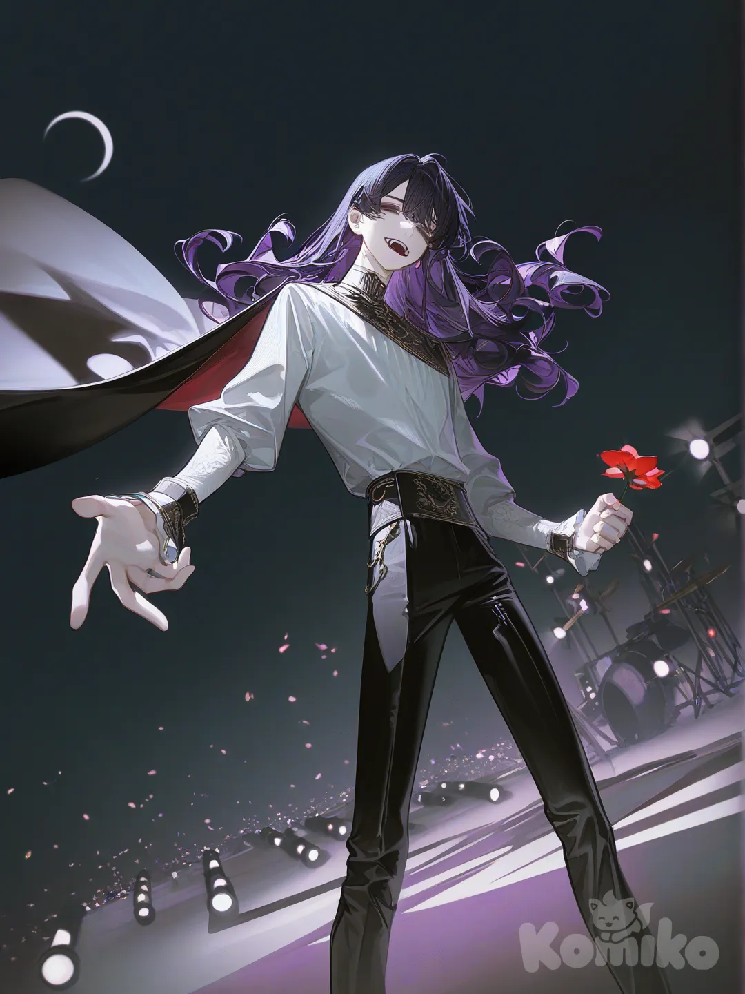 boy, парень взрослый, Мужчина ALIEN STAGE, singing, expressionless, чёрная короткая накидка с расходящимся низом, закреплена фиолетовыми камнями, белая лёгкая рубашка с вырезами, черные обтягивающие кожанные брюки с широкими полями, тёмно-фиолетовые волосы с челкой, длинные вьющиеся на концах волосы с короткими прядями, ярко-синие глаза с зрачком в виде полумесяца, два клыка, заострённые кончики ушей, мешки под глазами, бледная кожа, высокий, мужчина на сцене, пол сцены похож на море, над головой северное сияние, мужчина смотрит в даль, мужчина в руке сжимает красный цветок, [high-contrast-glossy-style]