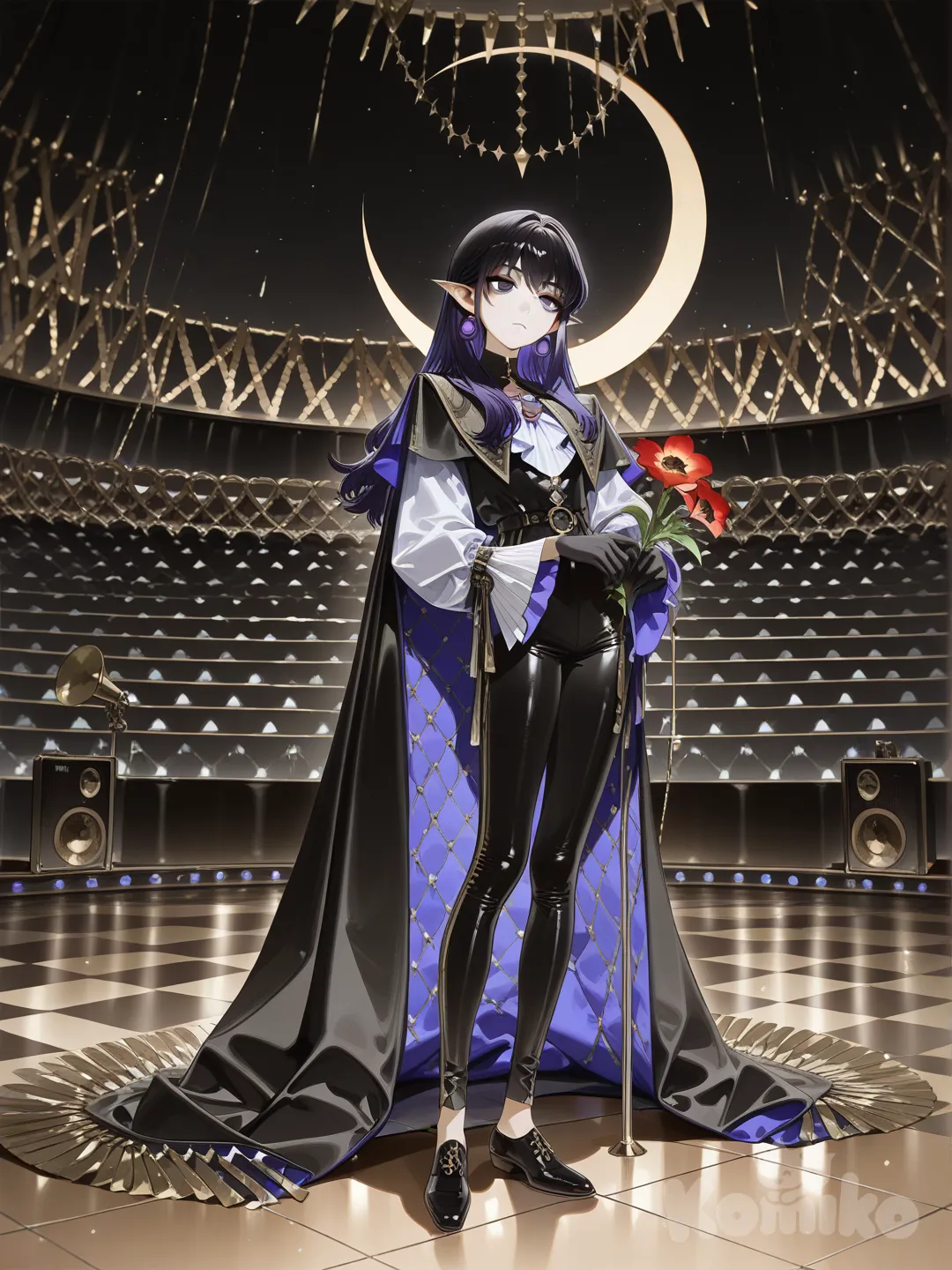 1boy, парень взрослый, ALIEN STAGE, [high-gloss-illustration-style], singing, expressionless, чёрная короткая накидка с расходящимся низом, закреплена фиолетовыми камнями, белая лёгкая рубашка с вырезами, черные обтягивающие кожанные брюки с широкими полями, чёрные мужские туфли, украшения в виде драгоценных камней, тёмно-фиолетовые волосы, длинные вьющиеся на концах волосы, ярко-синие глаза с зрачком в виде полумесяца, два клыка, заострённые кончики ушей, мешки под глазами, бледная кожа, сцена, пол сцены похож на море, над головой северное сияние, смотрит в даль, в руке сжимает красный цветок