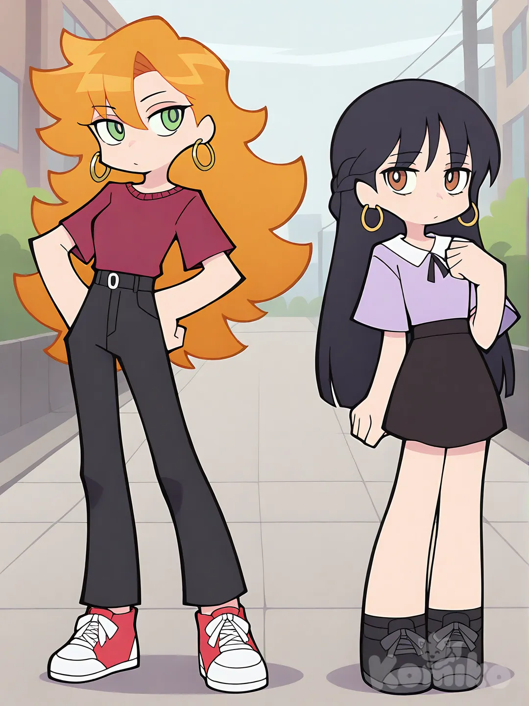 2girls, [minimalist-style], одна девушка низкая с чёрными пушистыми волосами до плеч, карие глаза, чёрный топ, красная кофта, короткая чёрная юбка, гольфы, кросовки, золотые серёжки, вторая ораньжеволосая девушка с длинной косичкой, зелёные глаза, высокая, фиолетовая рубашка с короткими широкими рукавами, чёрные джинсы, кеды, серебрянные маленькие серёжки.