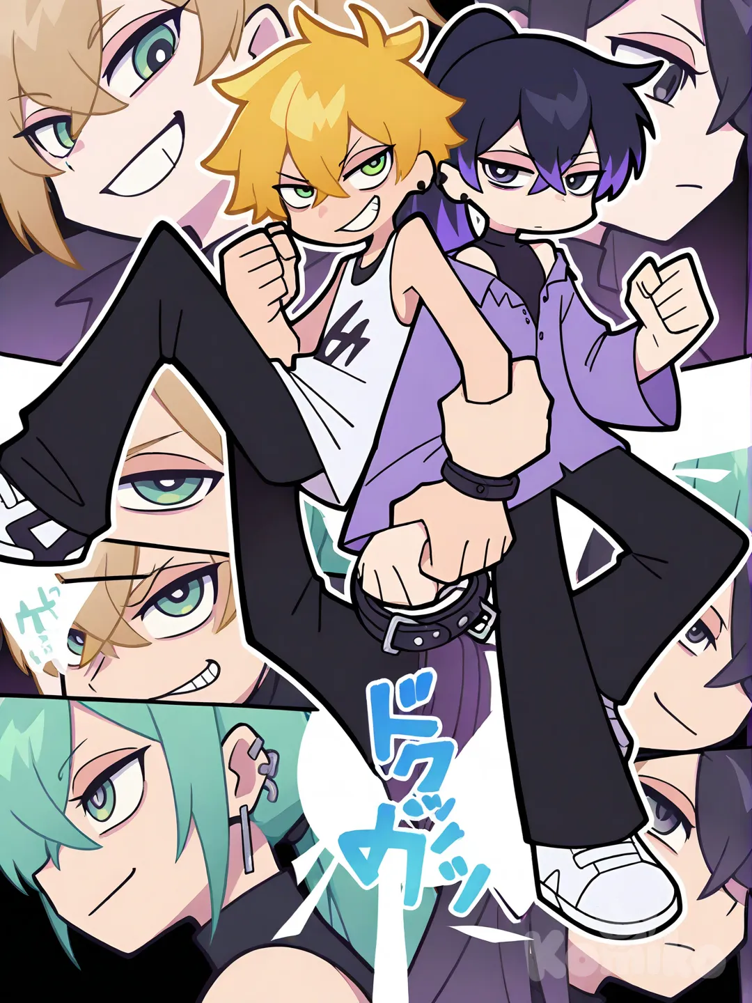 2boys, [minimalist-style], 1 черноволосый парень, волосы до плеч, синие пряди, чёлка, проколотые уши, чёрные серьги, чёрные глаза, чёрная водолазка, сверху белая свободная футболка, чёрные джинсы, высокие ботинки, низкий рост, раздраженное выражение лица, схватил второго за воротник одежды, 2 рыжеволосый парень (светло-коричневые волосы), высокий рост, волосы собраны в пушистый высокий хвост, небольшой хвост, челка в виде небольших прядей падают накрест на лоб, фиолетовые пряди, зелёные глаза, маленькие серебрянные серёжки, ухмыляется, чёрная майка с высоким горлом без рукавов, сверху накинута фиолетовая рубашка с широкими рукавами, чёрные брюки, белые кросовки, держит первого за запястья, не сопротивляется